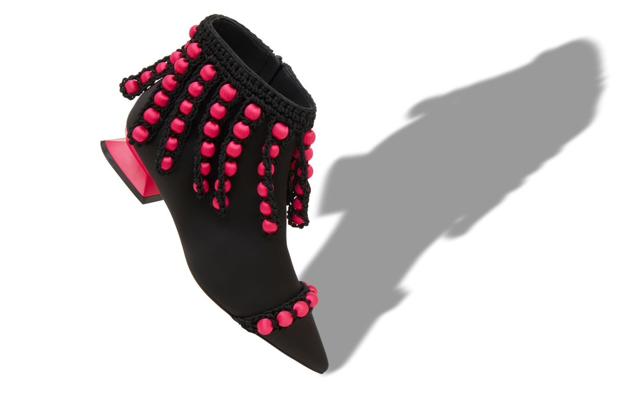 Black and Pink Satin Pom Pom Ankle Boots - 2