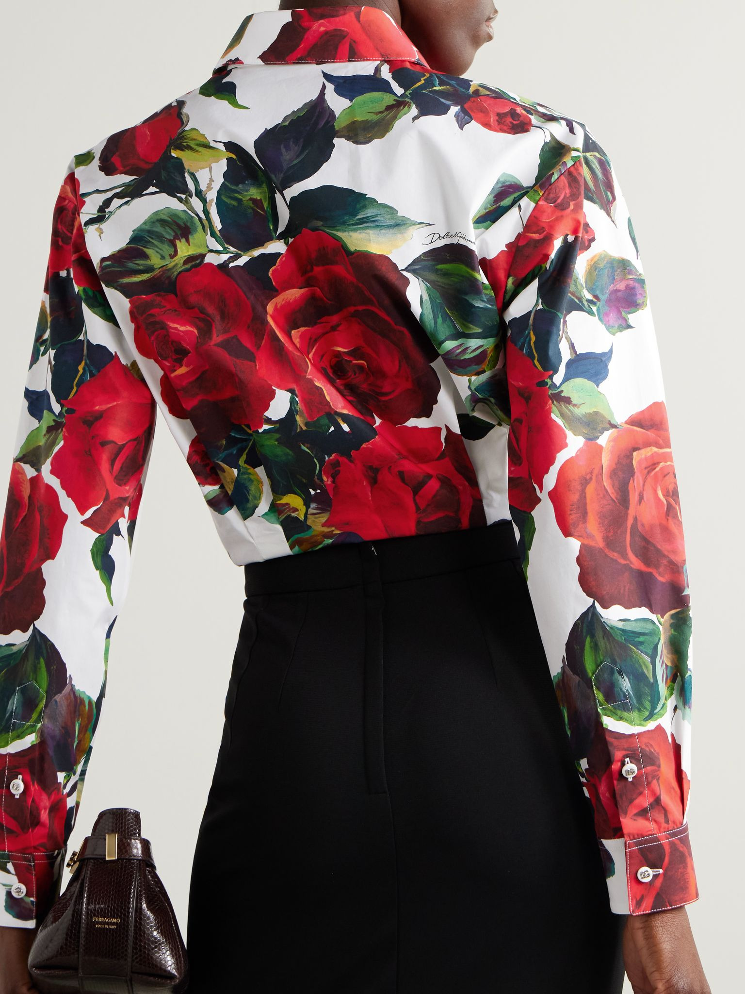 Cropped tie-detailed floral-print cotton-poplin shirt Red - 4