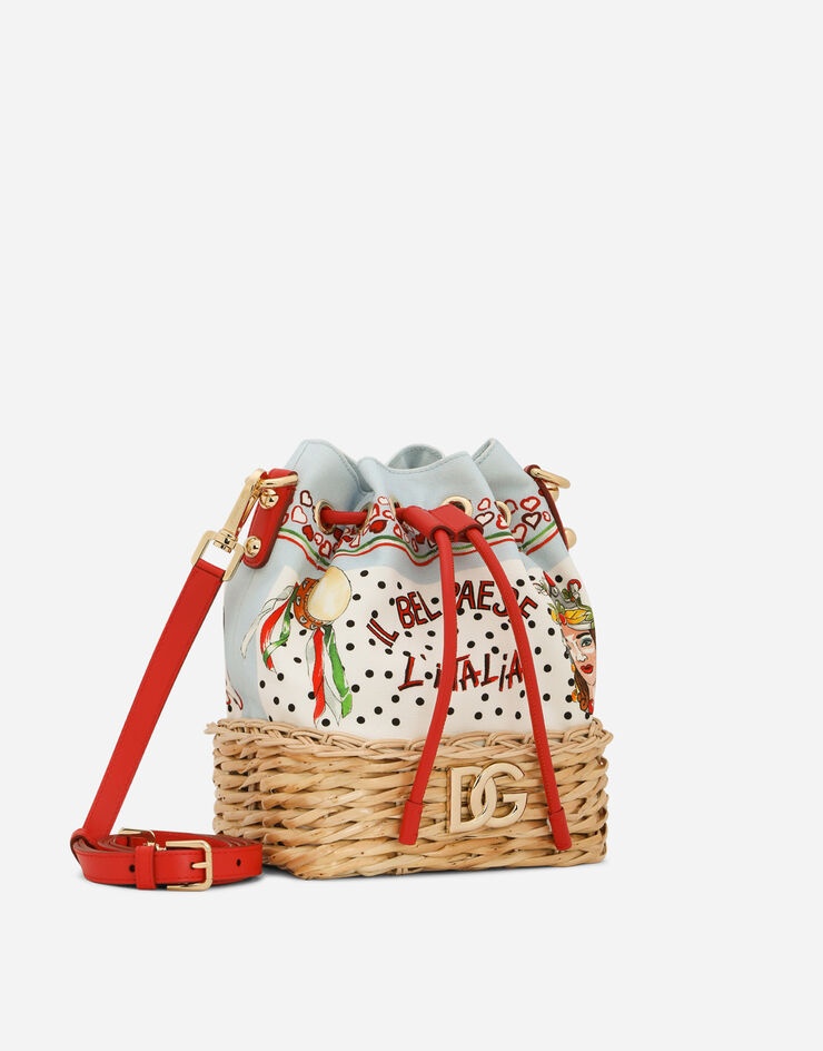 Printed canvas and wicker bucket bag - 3