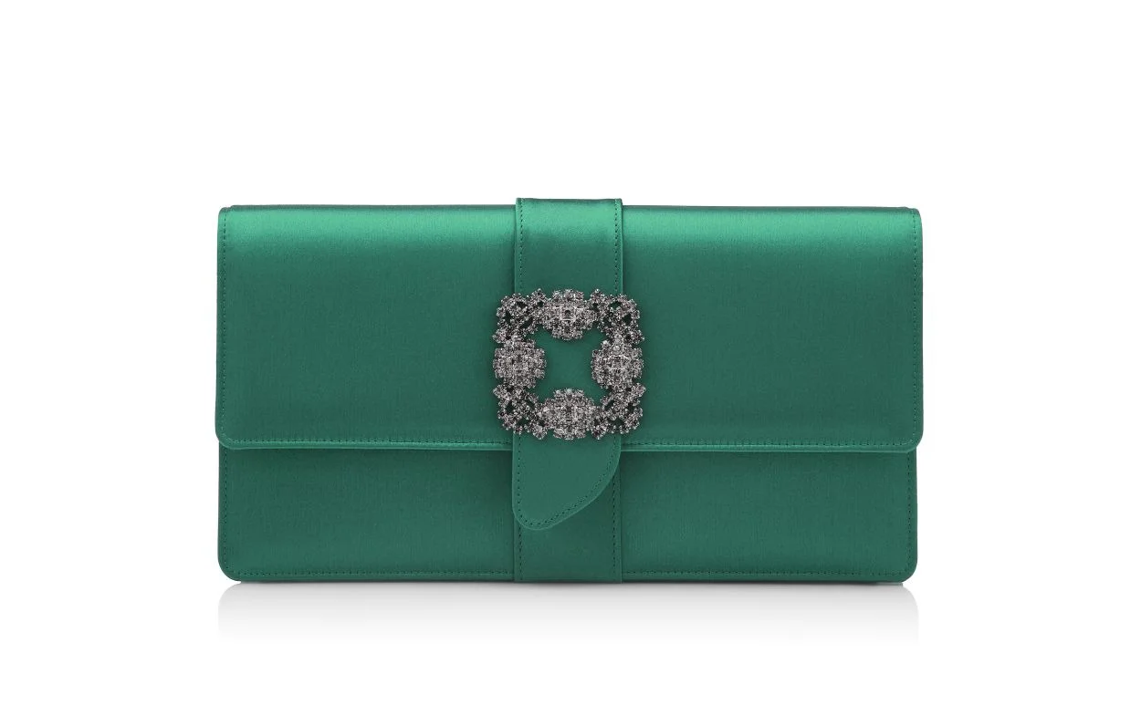 Green Satin Jewel Buckle Clutch - 1