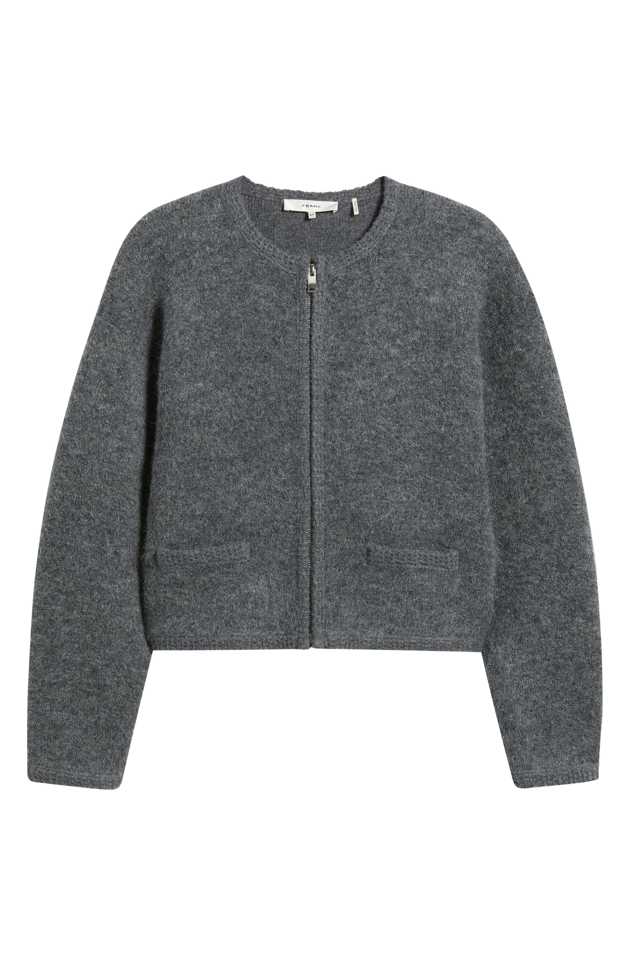 FRAME Lofty Crochet Detail Wool & Cashmere Zip Cardigan in Dark Heather Grey at Nordstrom - 5