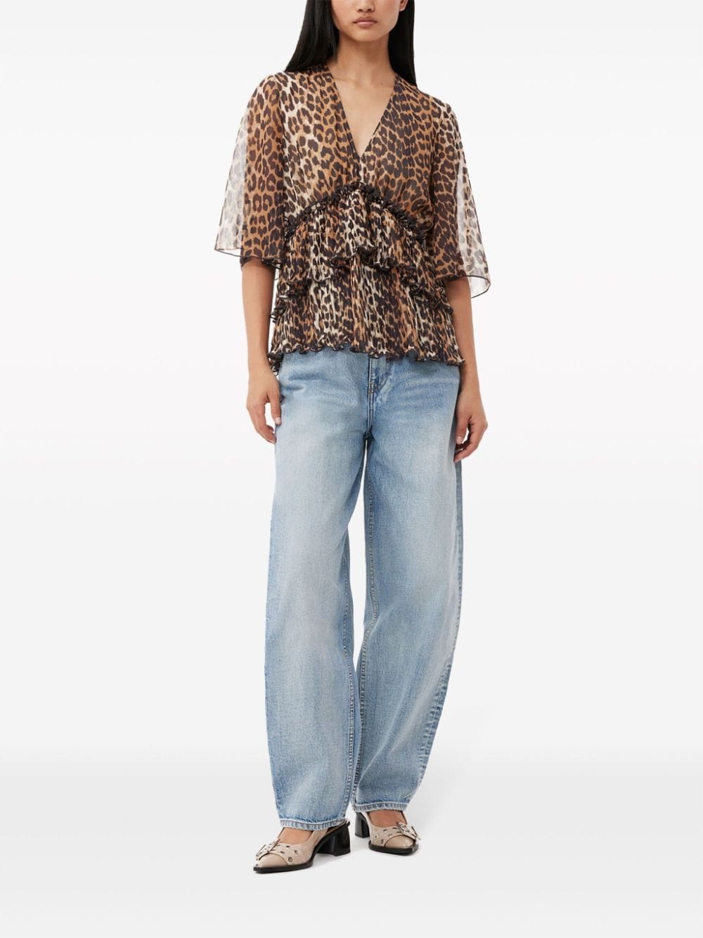 leopard-print V-neck pleated blouse - 2