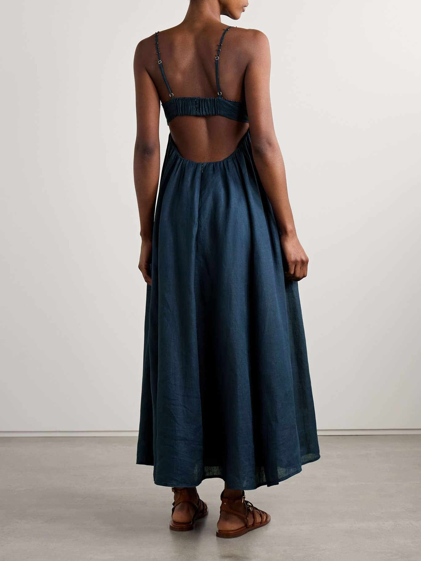 Ascension bead-embellished cutout pleated linen midi dress Navy - 3