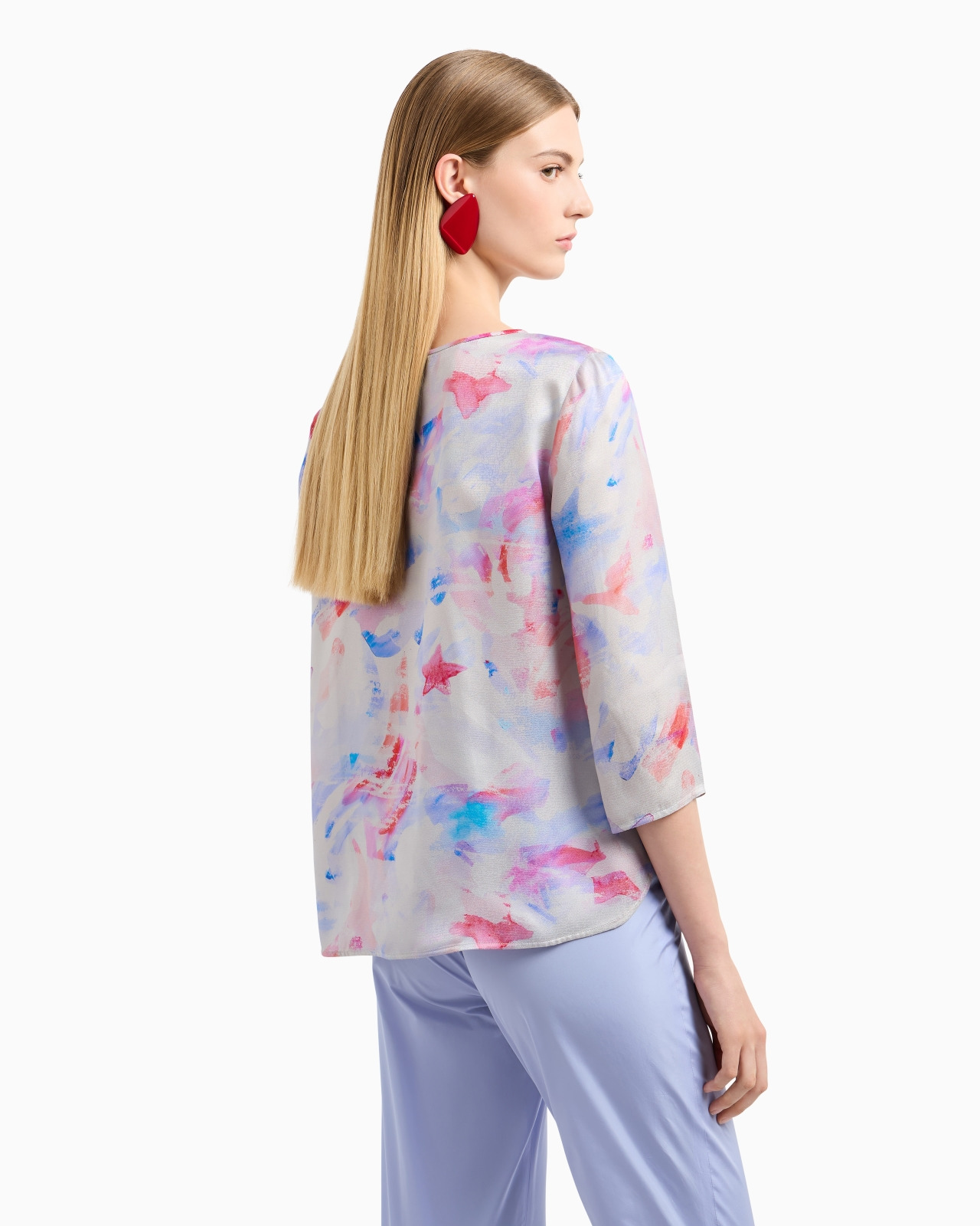 Blouse with three-quarter sleeves in satin crêpe with a watercolour-effect fancy print - 3
