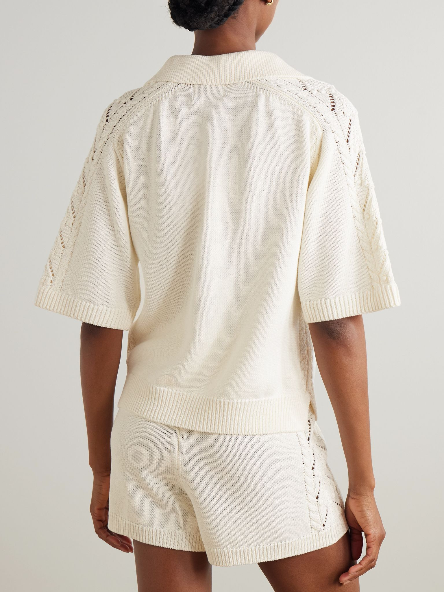 Kina cable and pointelle-knit cotton polo shirt Ivory - 3