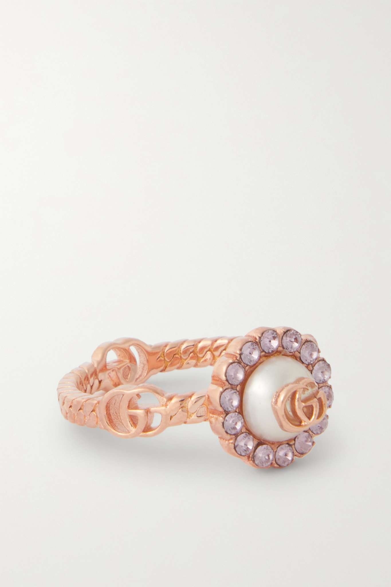 Rose gold-plated, crystal and faux pearl ring - 1