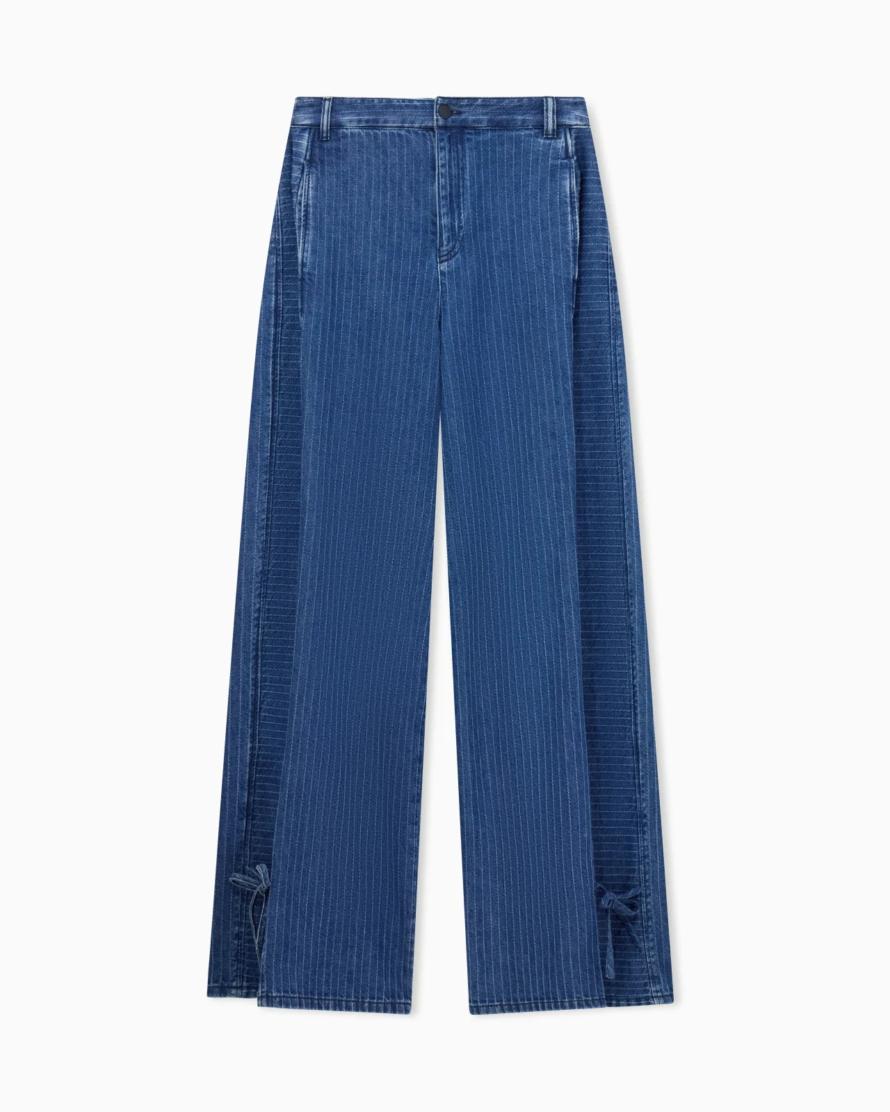 FIVE-POCKET PINSTRIPED DENIM PANTS WITH SIDE BOWS - 1