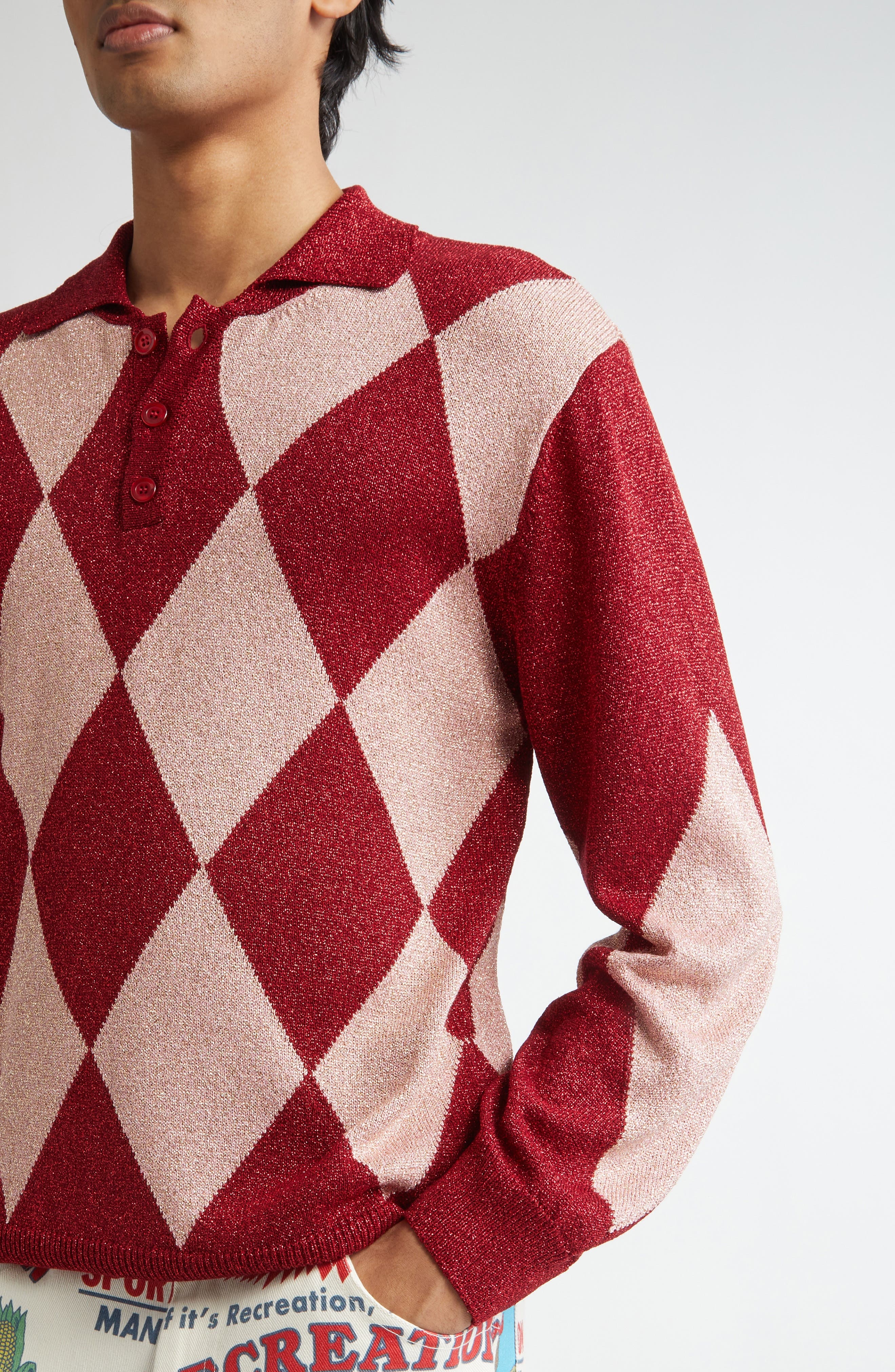 Bode Jockey Metallic Argyle Polo in Pink Multi at Nordstrom - 4