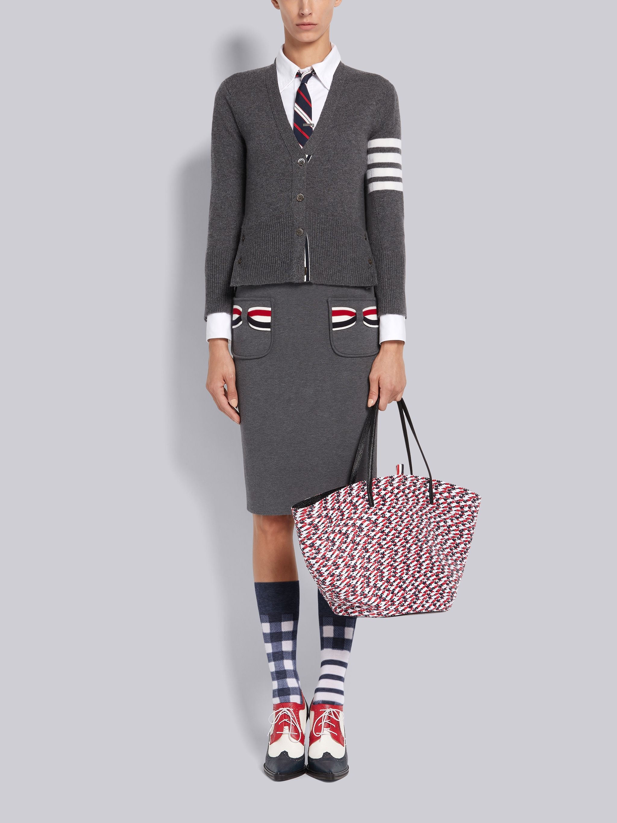 Medium Grey Double Face Cotton Striped Bow Pocket Pencil Skirt - 4