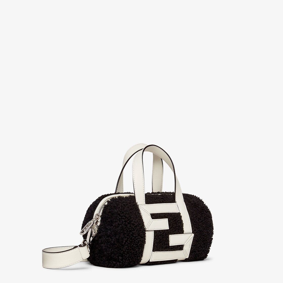Mini bowling bag made of black sheepskin with white leather appliqués which create an FF motif. Line - 2
