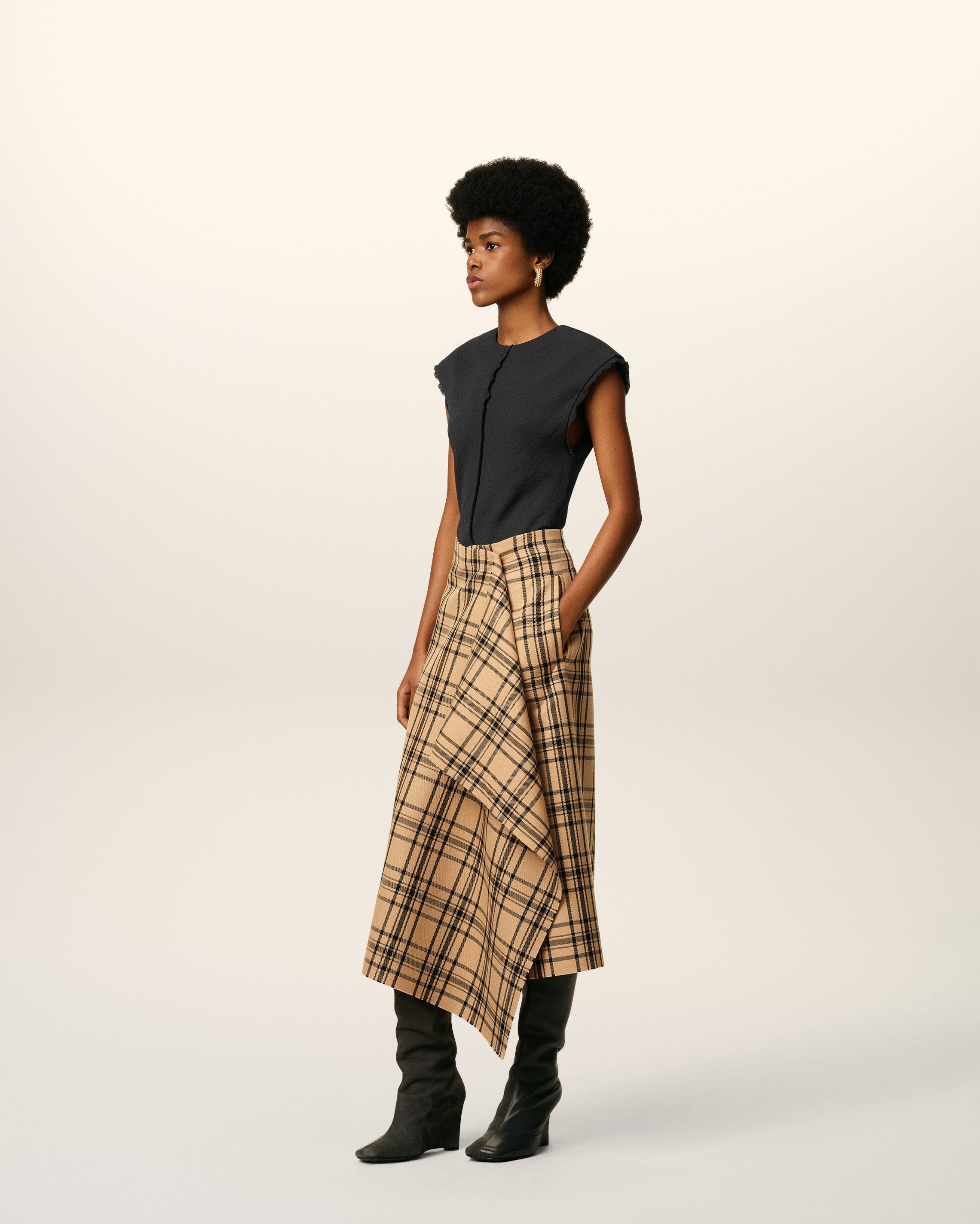 BROWN WOOL MIDI CHECKED WRAPPED SKIRT - 6