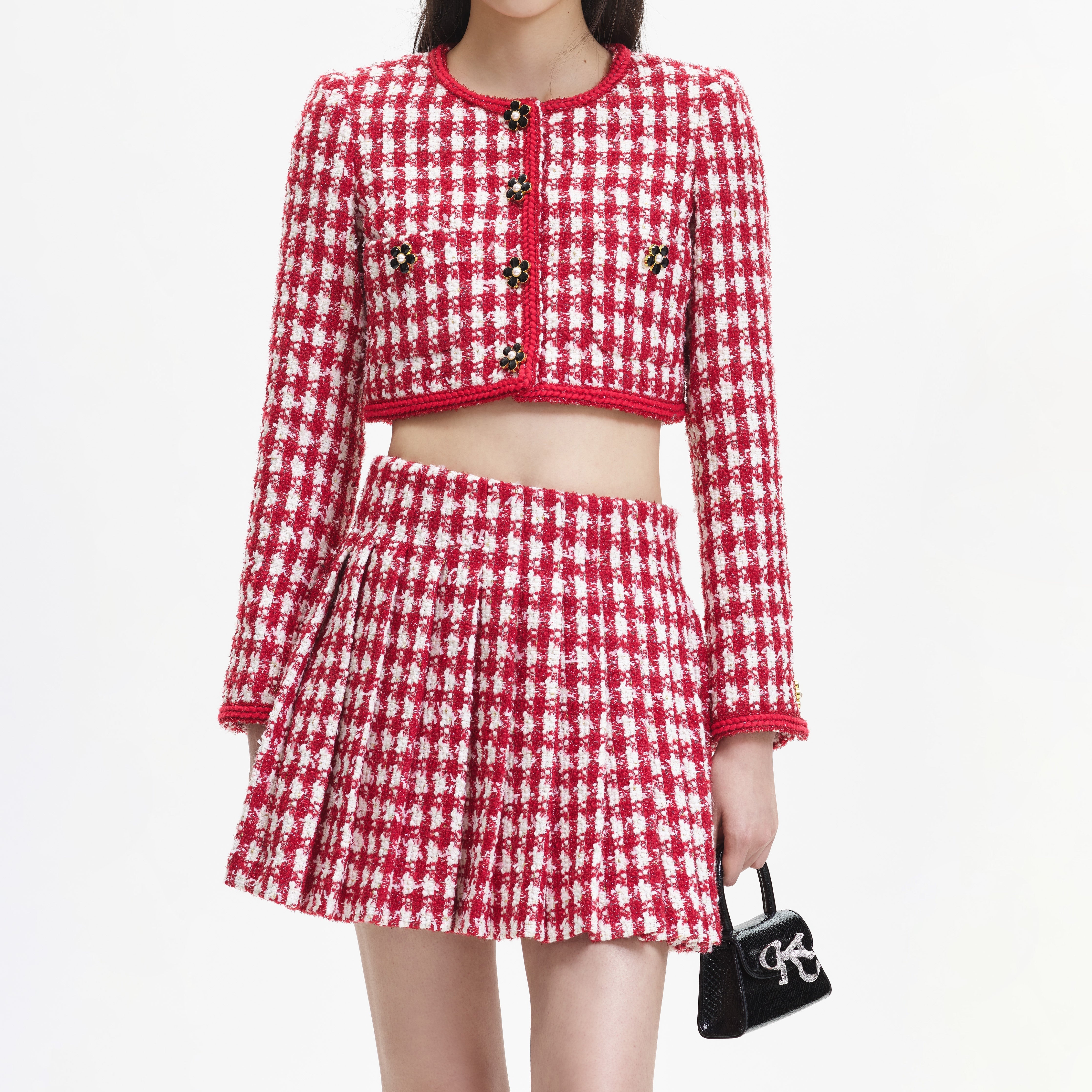 Red Check Boucle Cropped Jacket - 4