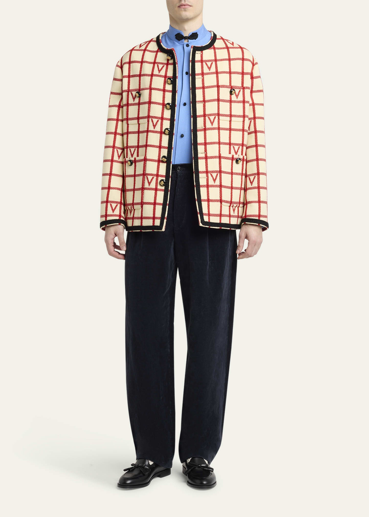 Men's Braid-Trim Monogram Check Blazer - 2