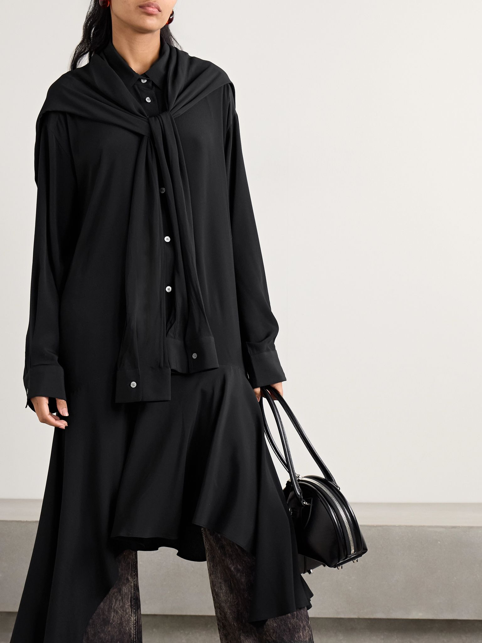 Convertible asymmetric belted crepe de chine midi shirt dress Black - 6