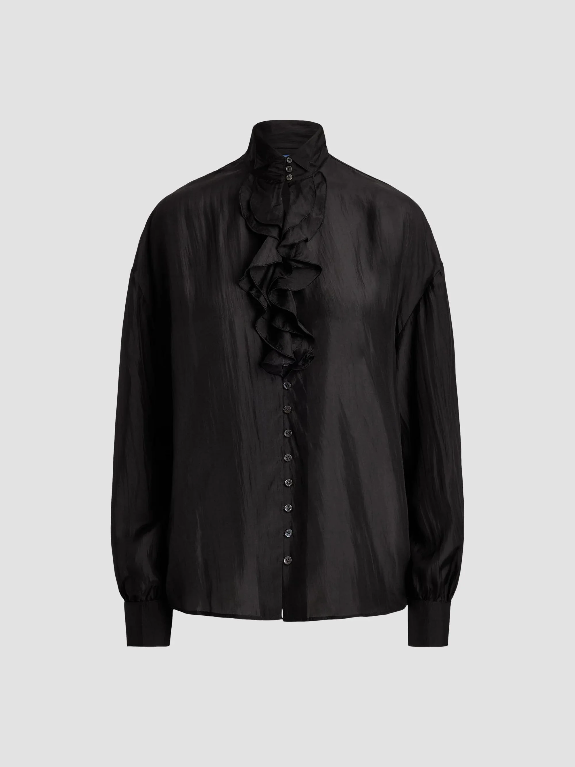 Women's Silk Habutai Ruffle Shirt - Black - 1