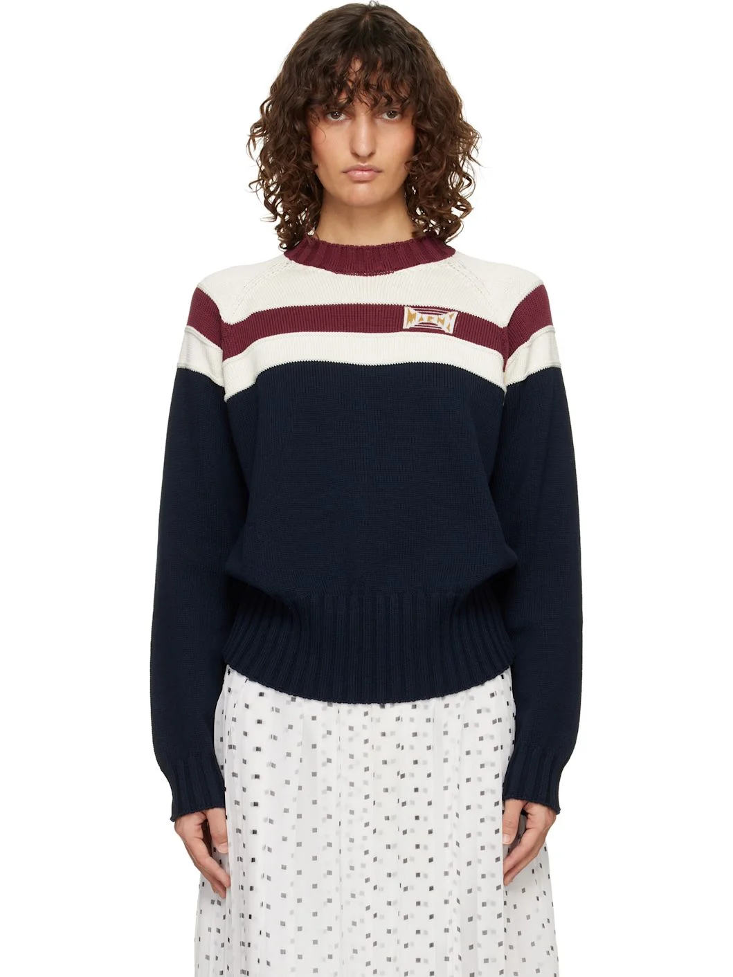 Off-White & Navy Contrast Stripe Cotton Sweater - 1