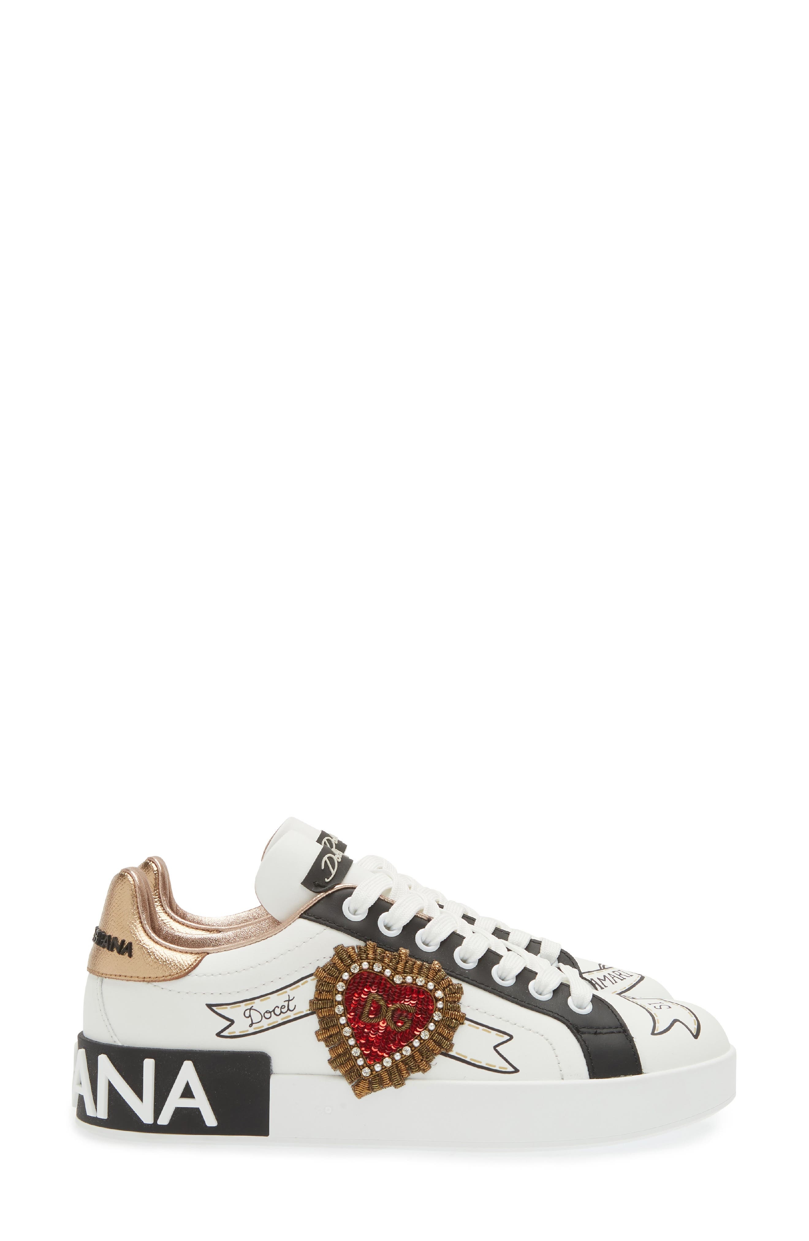 Dolce&Gabbana Portofino Embellished Leather Sneaker in Embroidery- White/Gold at Nordstrom - 3