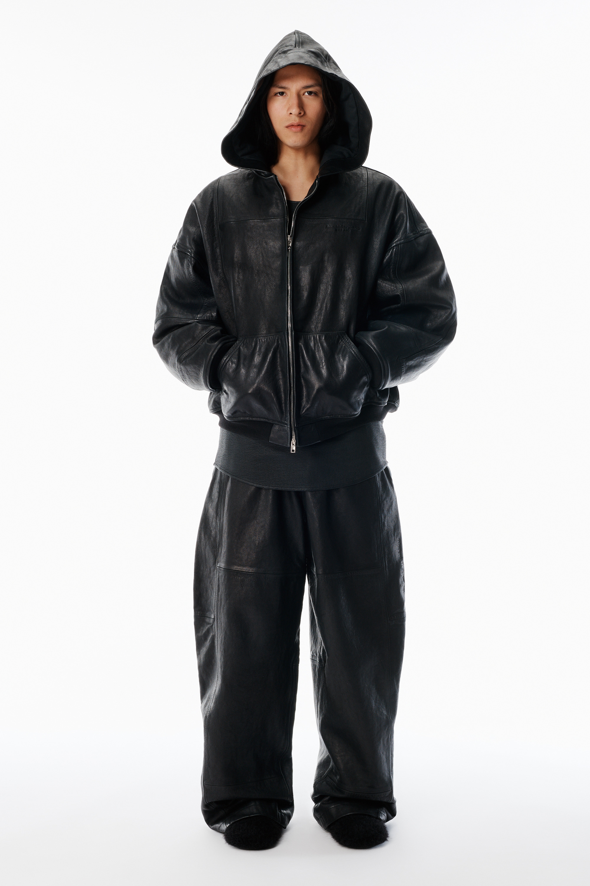Black Worn Moto Leather Hoodie Jacket - 2