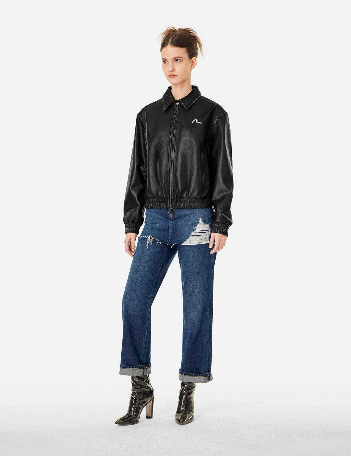 SEAGULL EMBROIDERY AND LOGO APPLIQUÉ FASHION FIT LEATHER JACKET - 11