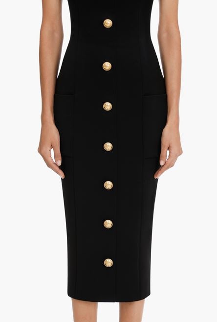 Midi length open back black dress with gold-tone buttons - 8