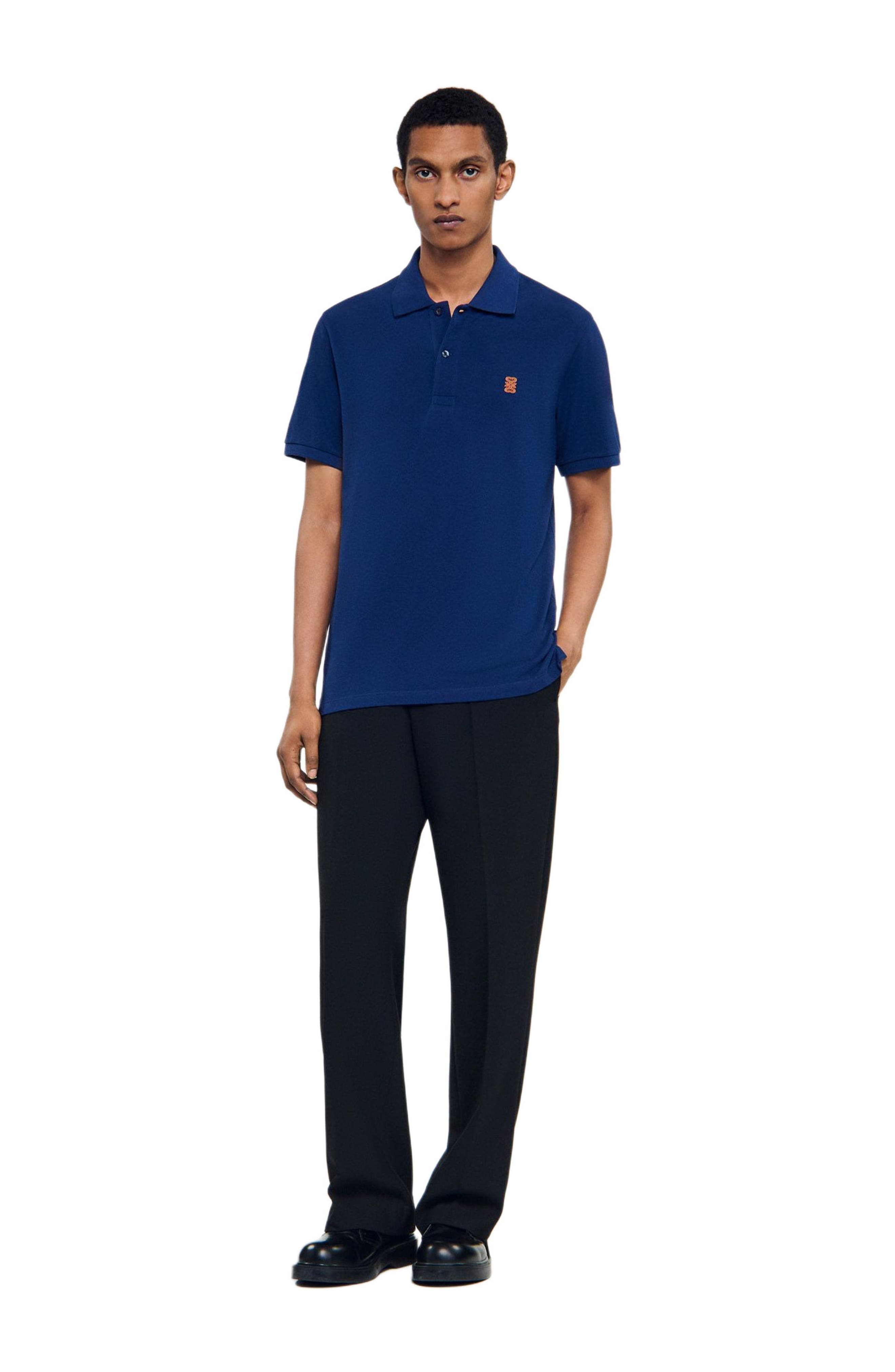 SANDRO Polo shirt with leather logo in Navy Blue at Nordstrom - 6