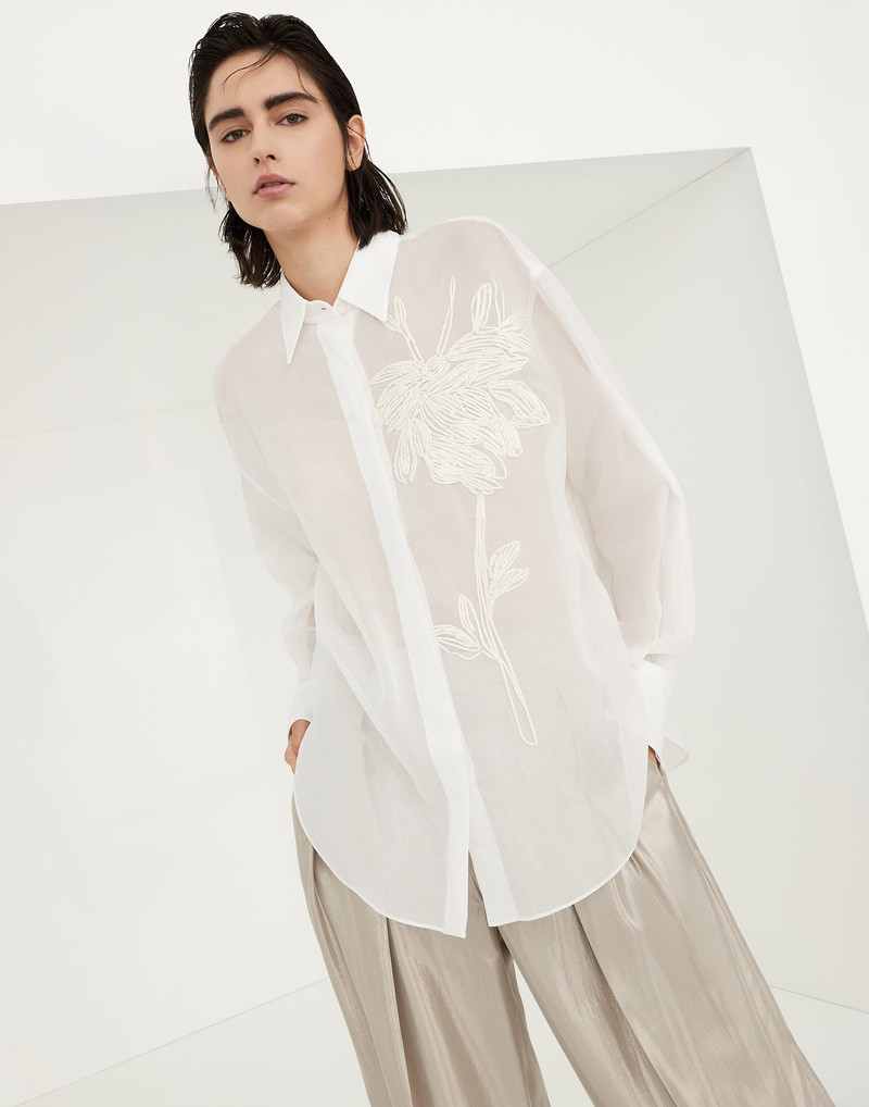 Cotton organza shirt with dazzling magnolia embroidery 1