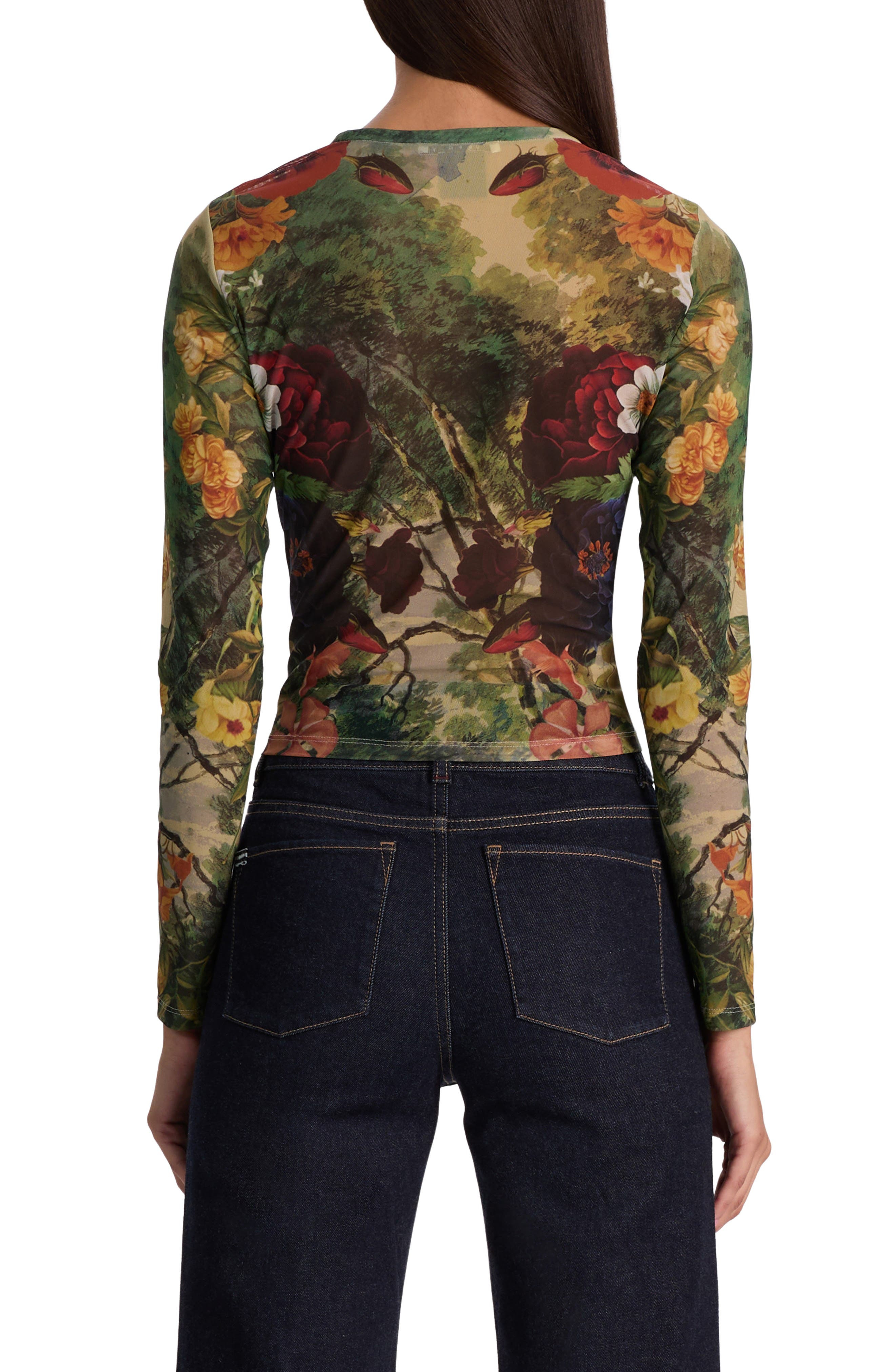 Alice + Olivia Delaina Printed Long Sleeve Mesh Top in Forbidden Forest at Nordstrom - 2