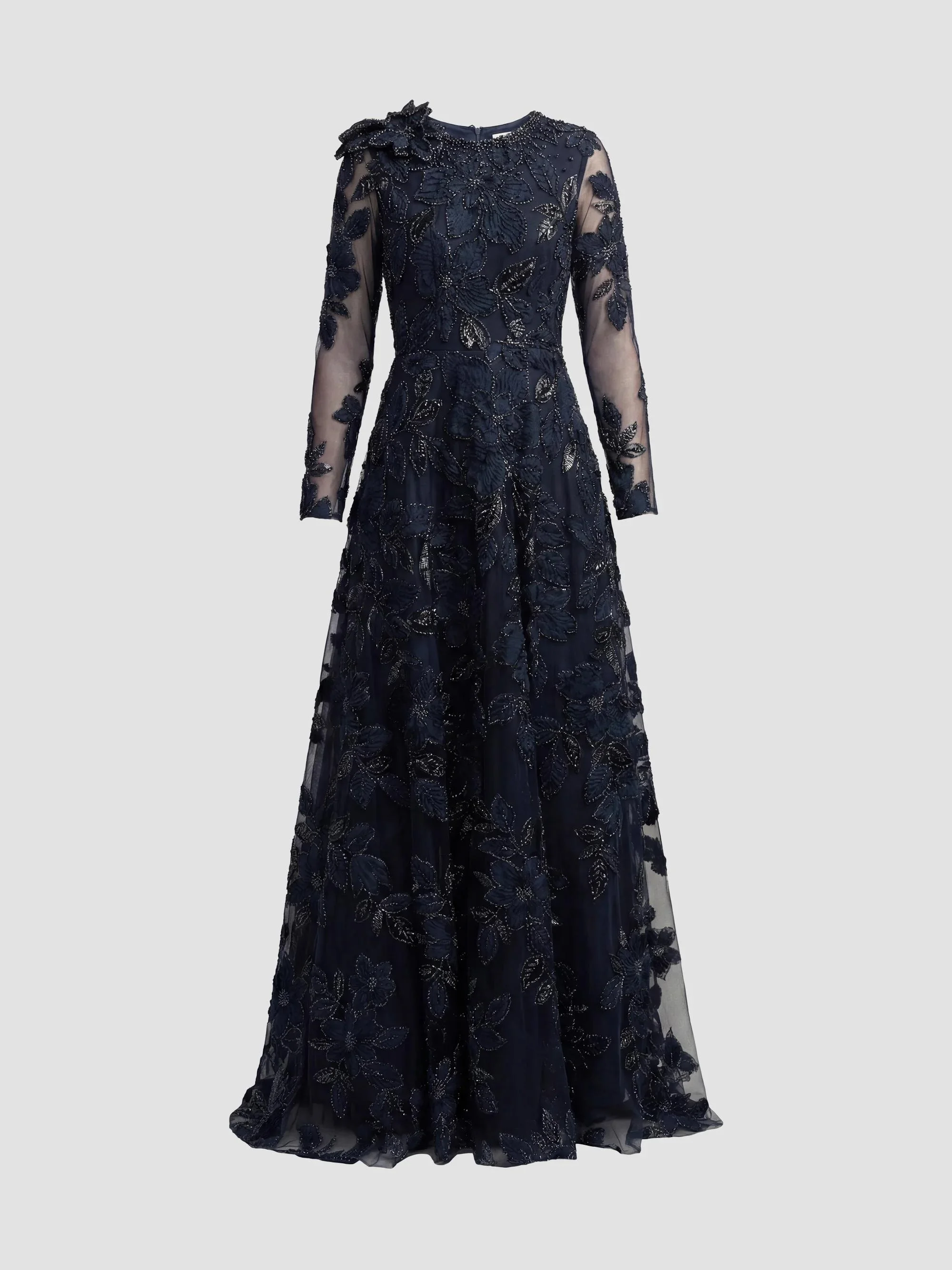 Women's Floral Mesh Long-Sleeve Gown - Midnight - 1