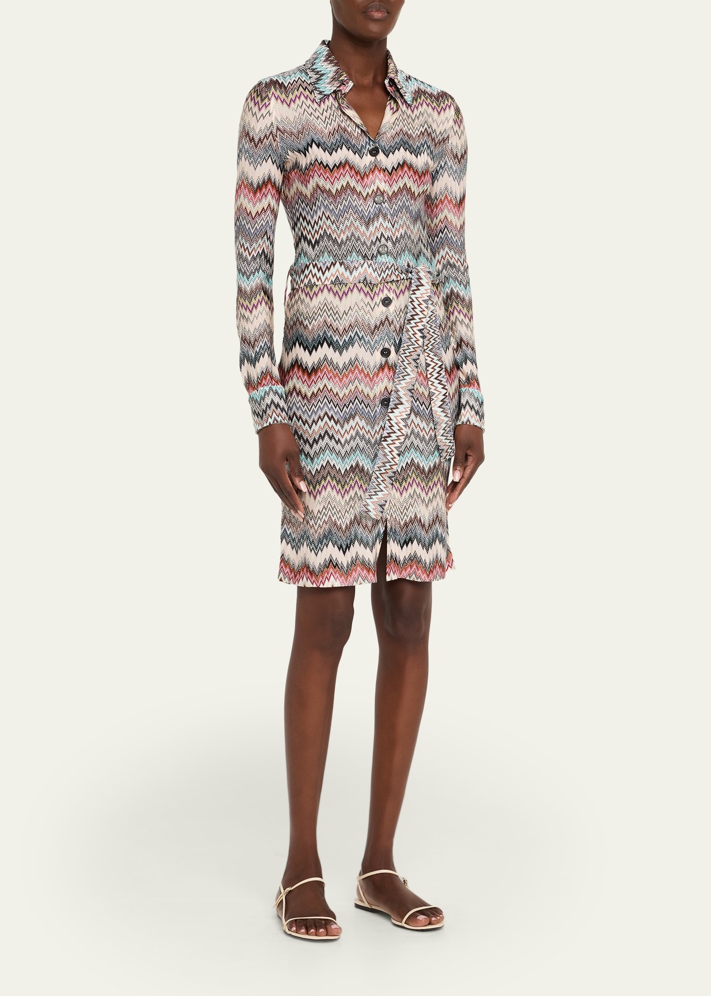Chevron Belted Long-Sleeve Shirtdress - 4