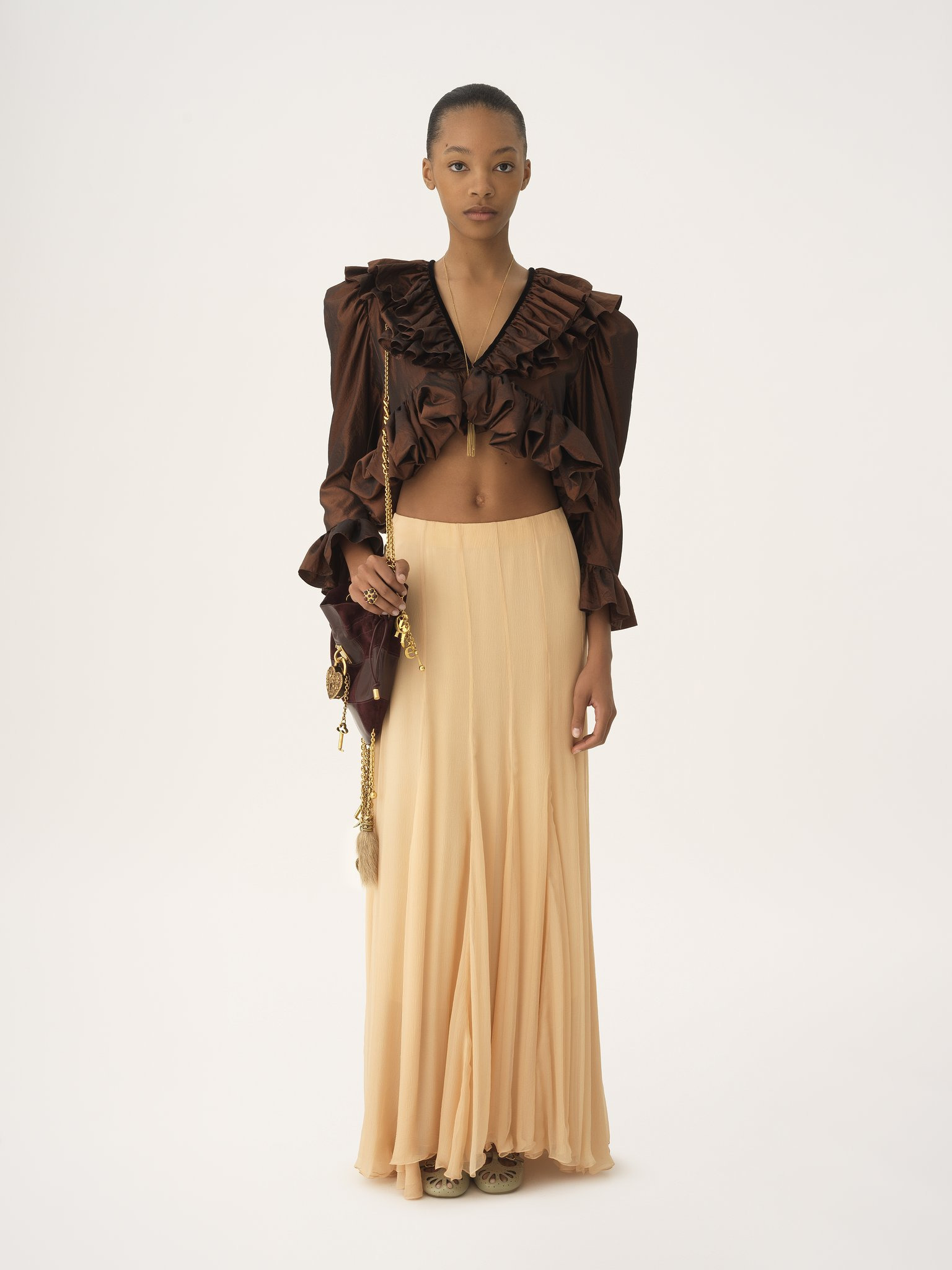 CROPPED V-NECK RUFFLE TOP IN WASHED SILK TAFFETA - 3