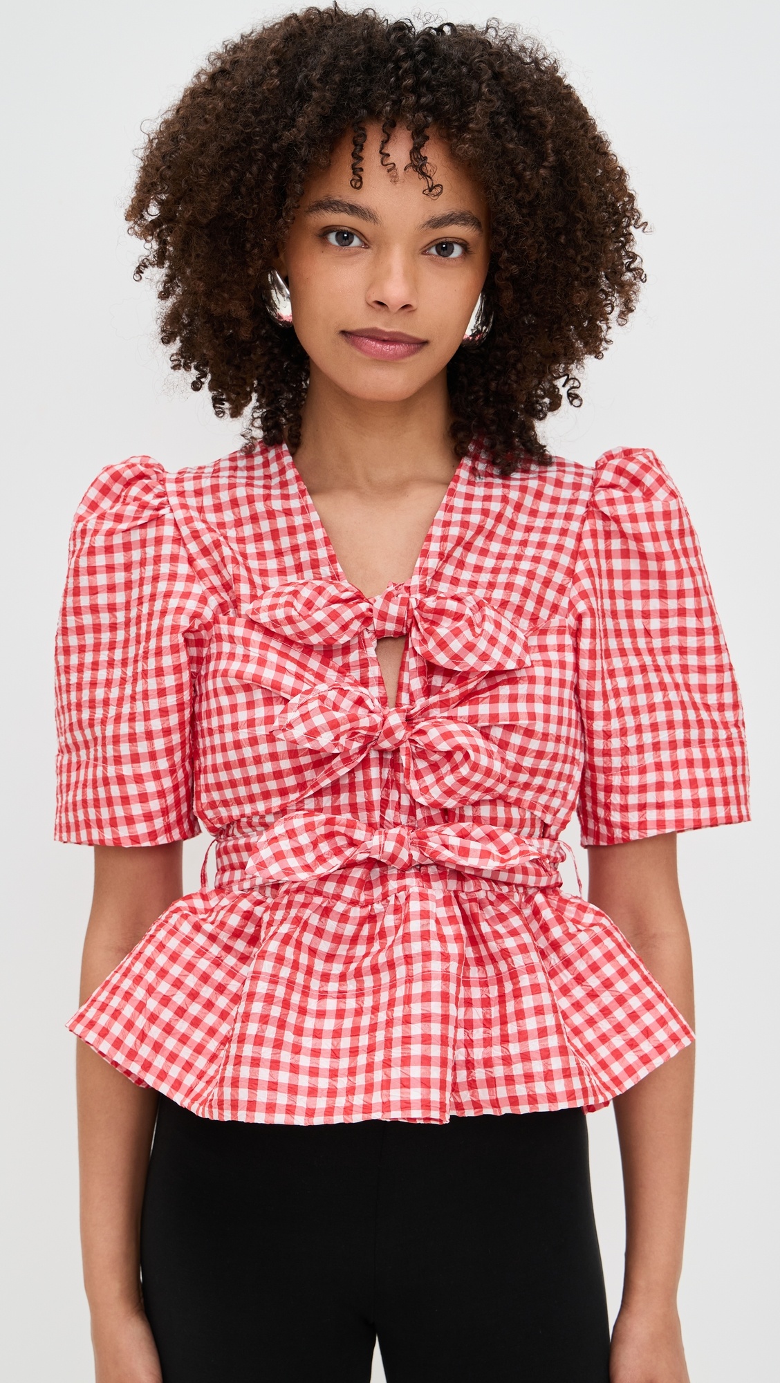 Crinkled Taffeta Check Tie Strap Blouse - 2