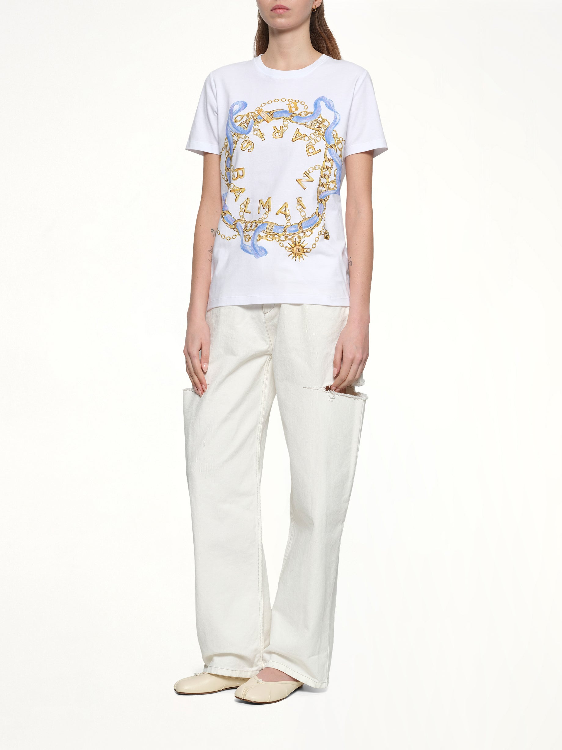 Balmain Paris Chain T-Shirt in White/Blue/Gold - 4