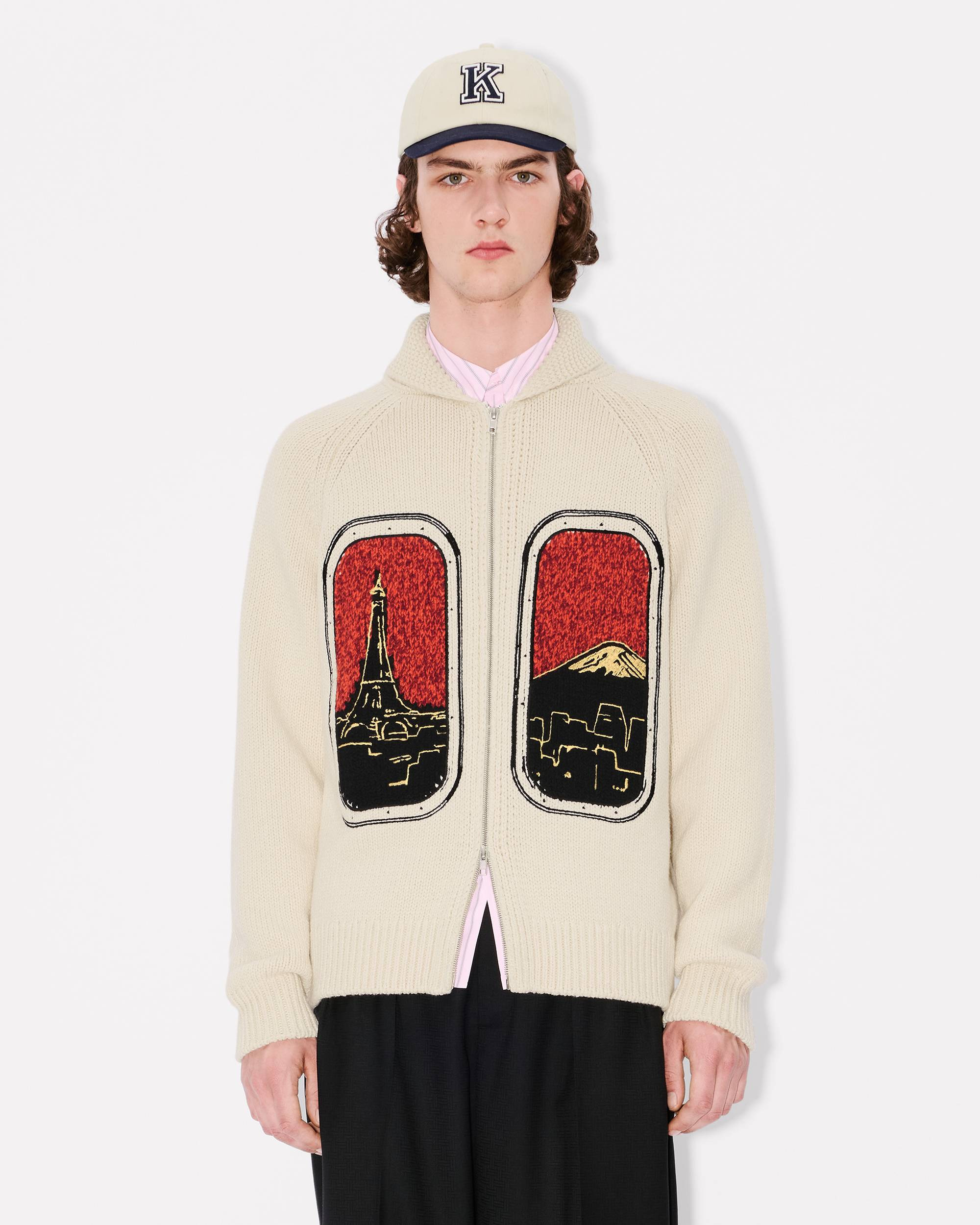 'KENZO City' embroidered zipped knitted cardigan in wool cotton - 3