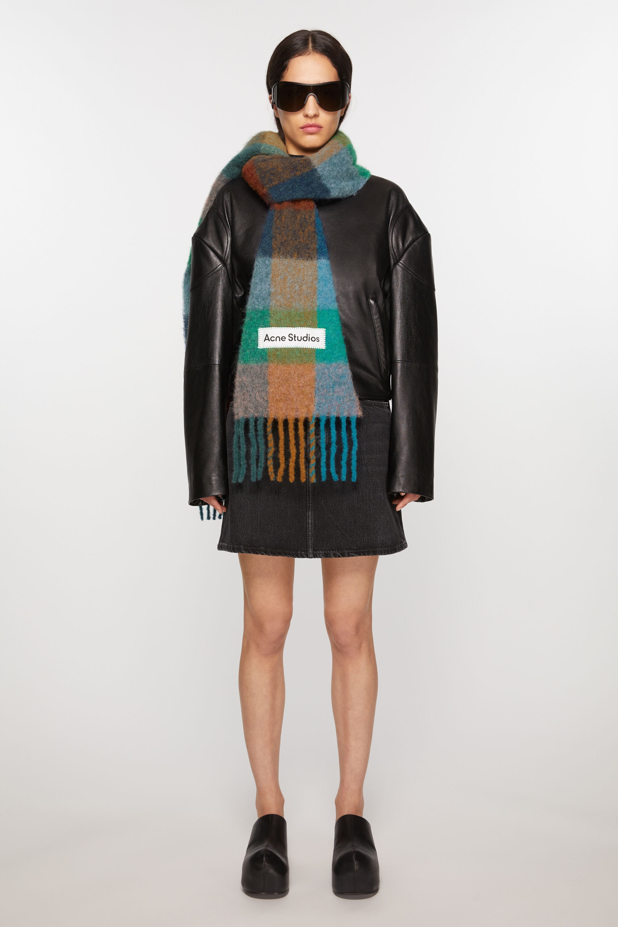 Mohair checked scarf - Turquoise/camel/blue - 2