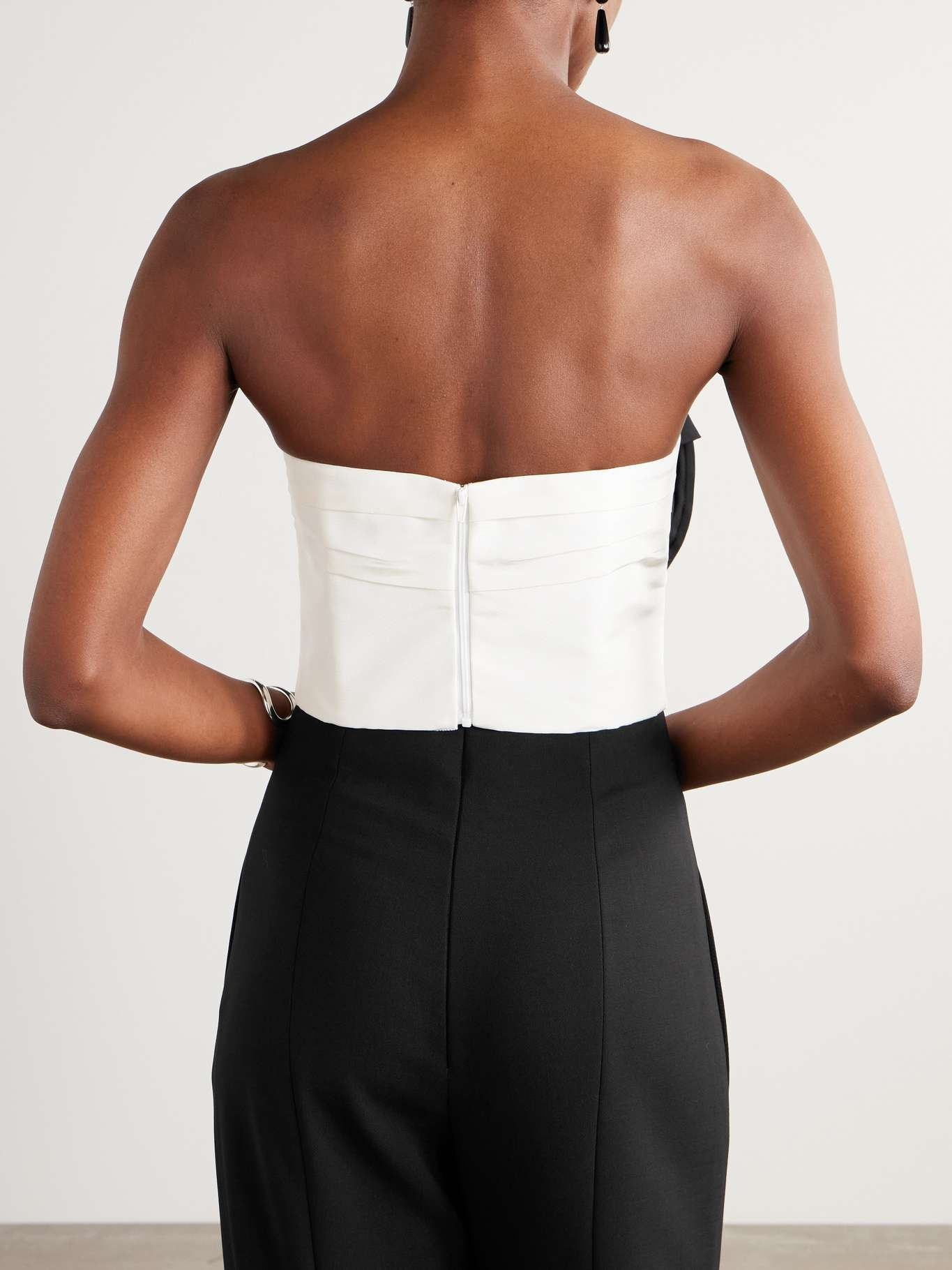 Strapless cropped appliquéd pleated silk-twill top Black - 3
