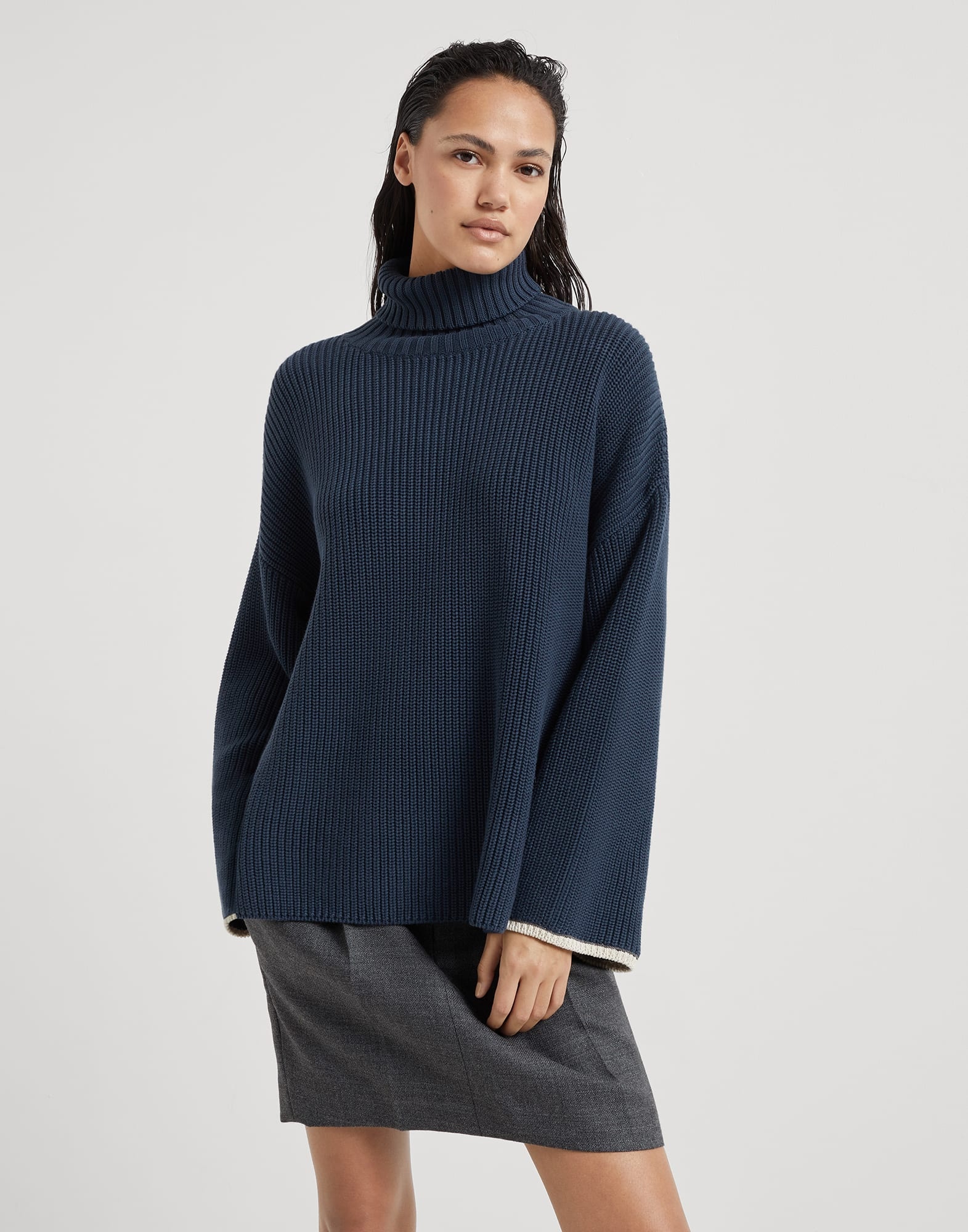 Cotton English rib turtleneck sweater with shiny contrast cuffs - 1