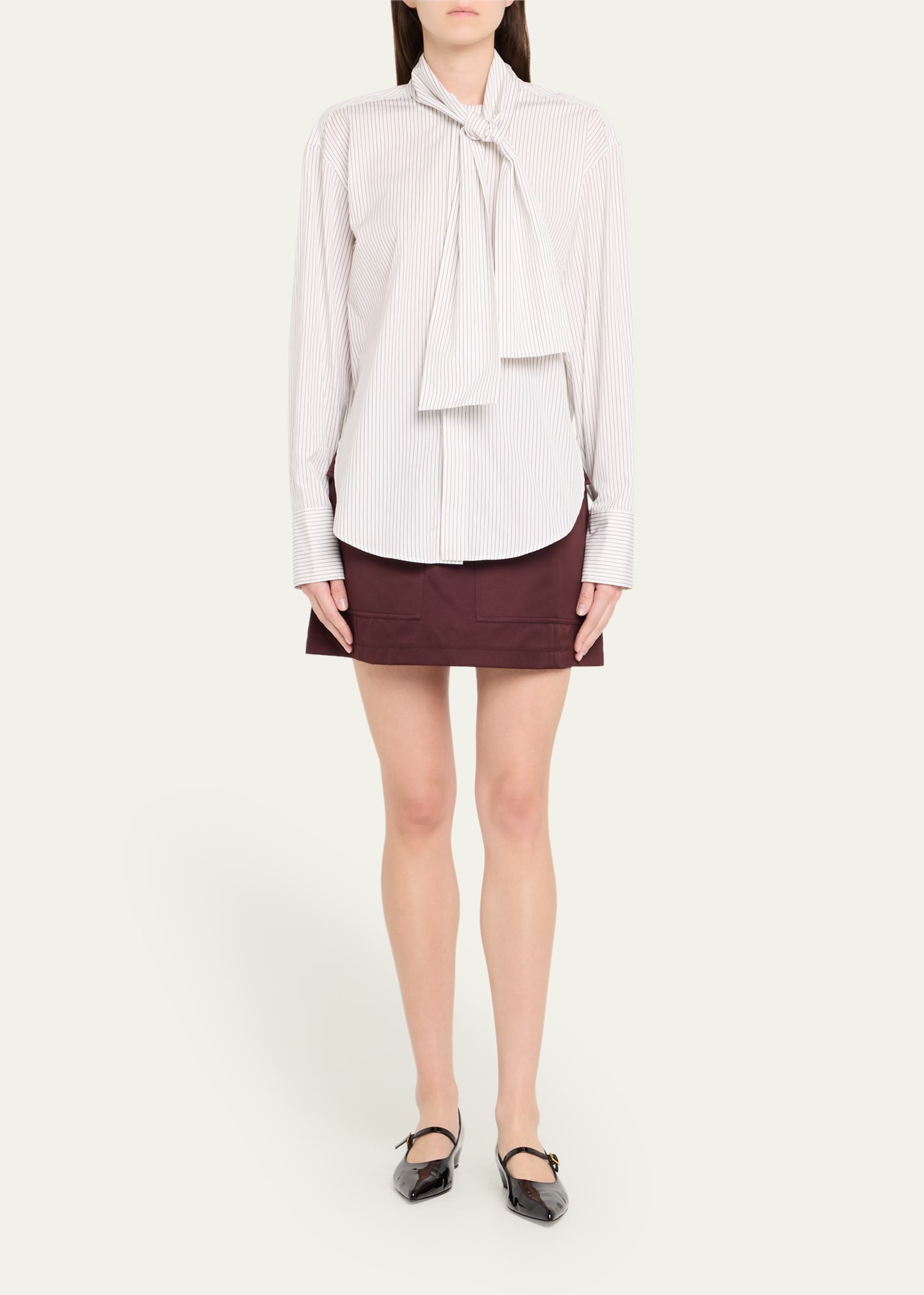 Stripe Scarf-Neck Button Down Blouse - 2