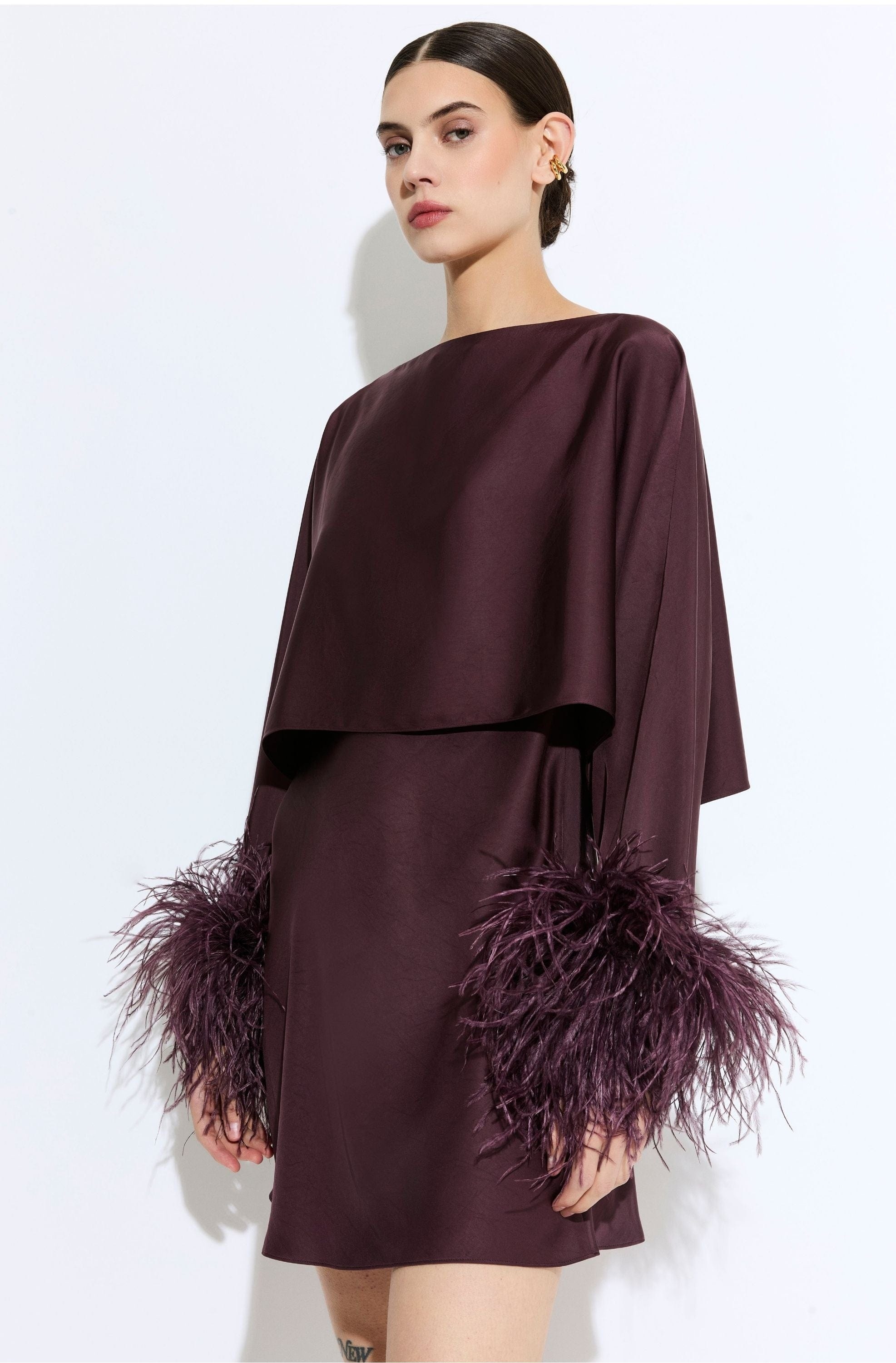 Lightweight Satin Layered Mini Dress With Feathers - 4