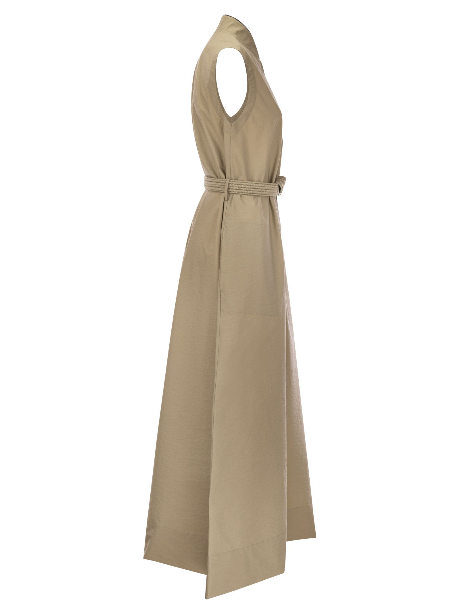 Brunello Cucinelli Women Techno Cotton Poplin Dress With Belt And Precious Shoulder Detail - 3