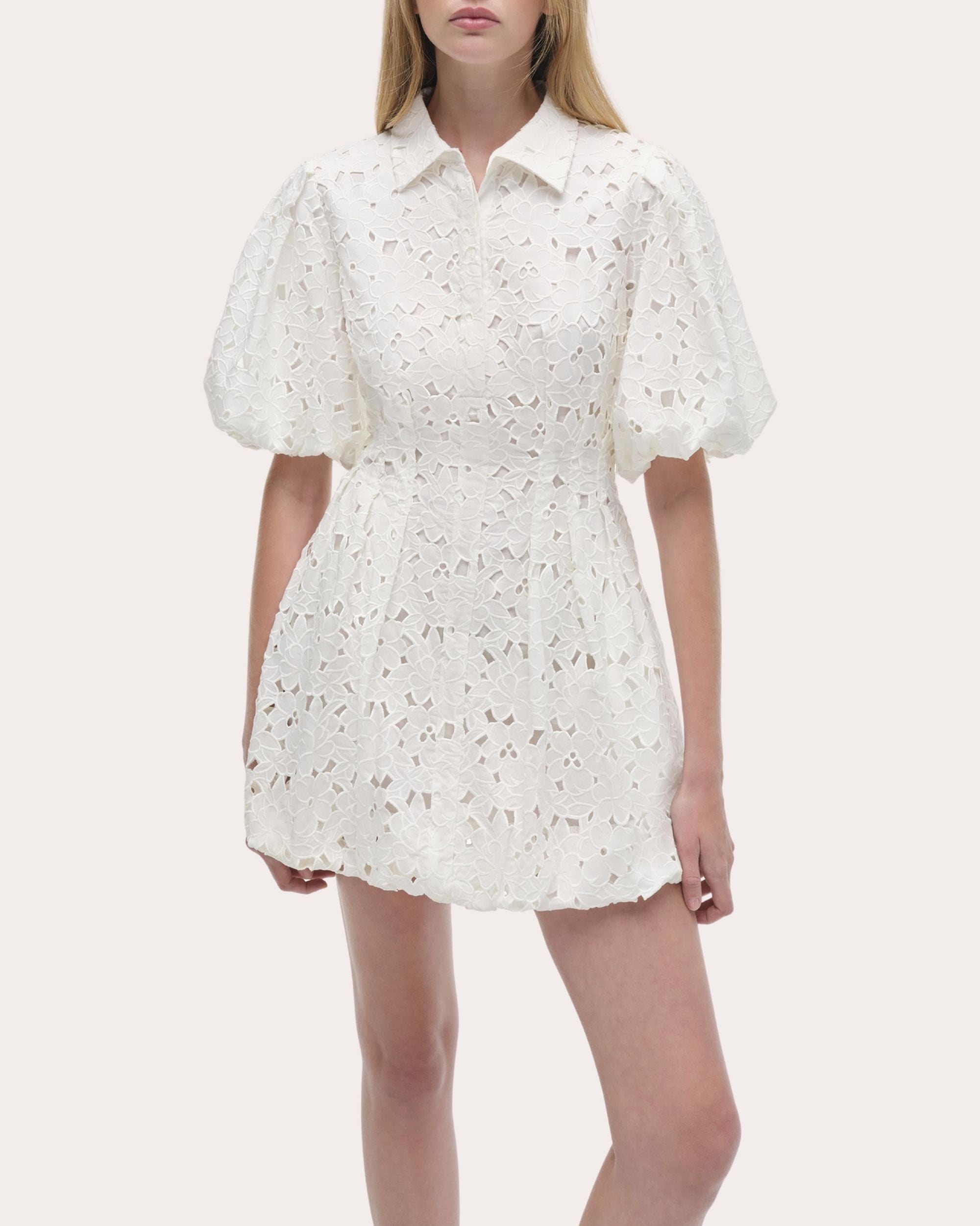 Cleo Embroidered Cotton Puff-Sleeve Mini Shirt Dress - 4