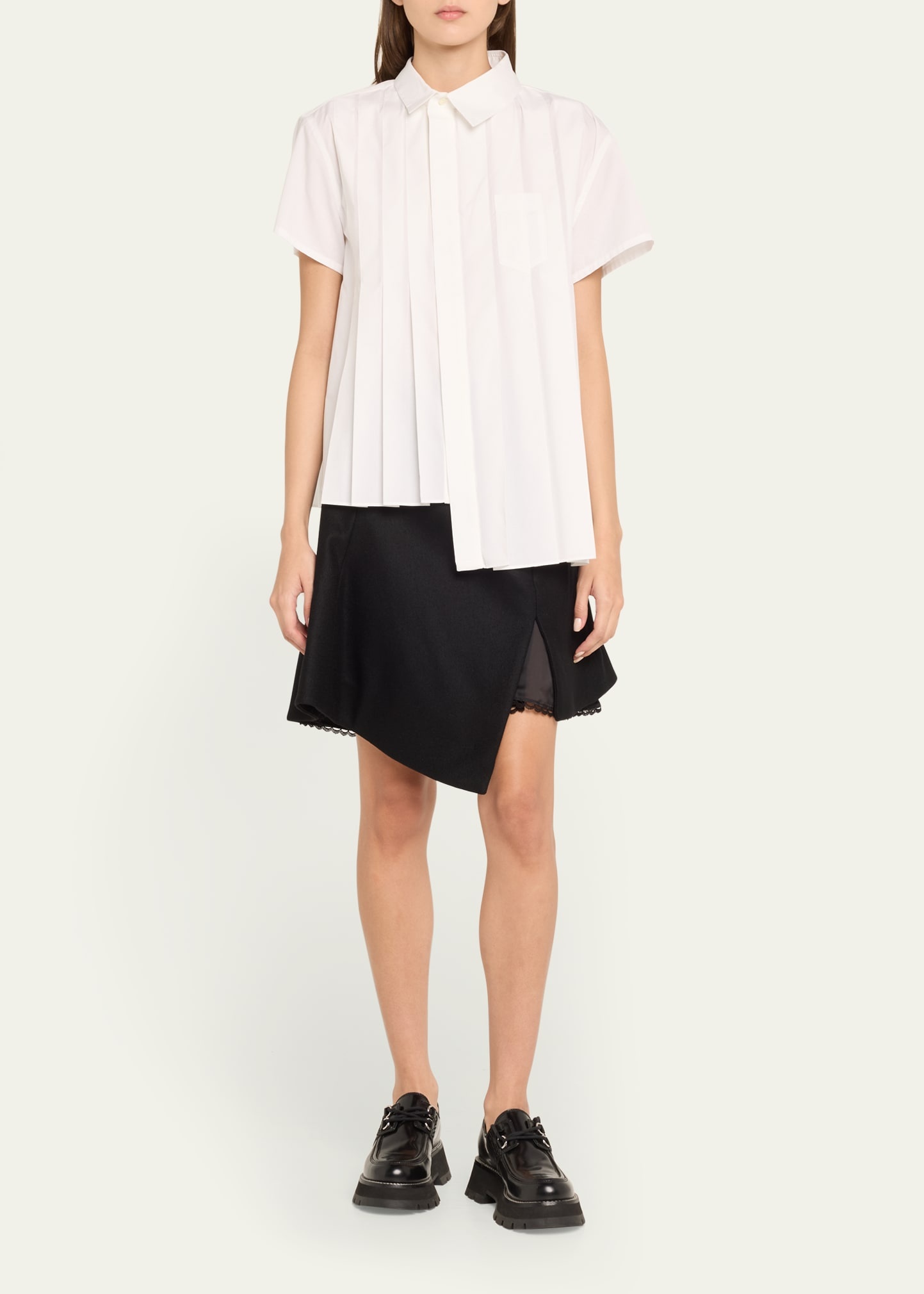 Poplin Pleated Asymmetric Button-Front Shirt - 2