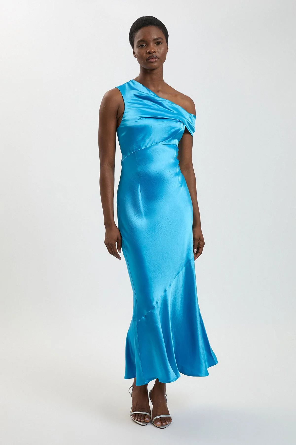 Viscose Satin Asymmetric Shoulder Maxi Dress - 1
