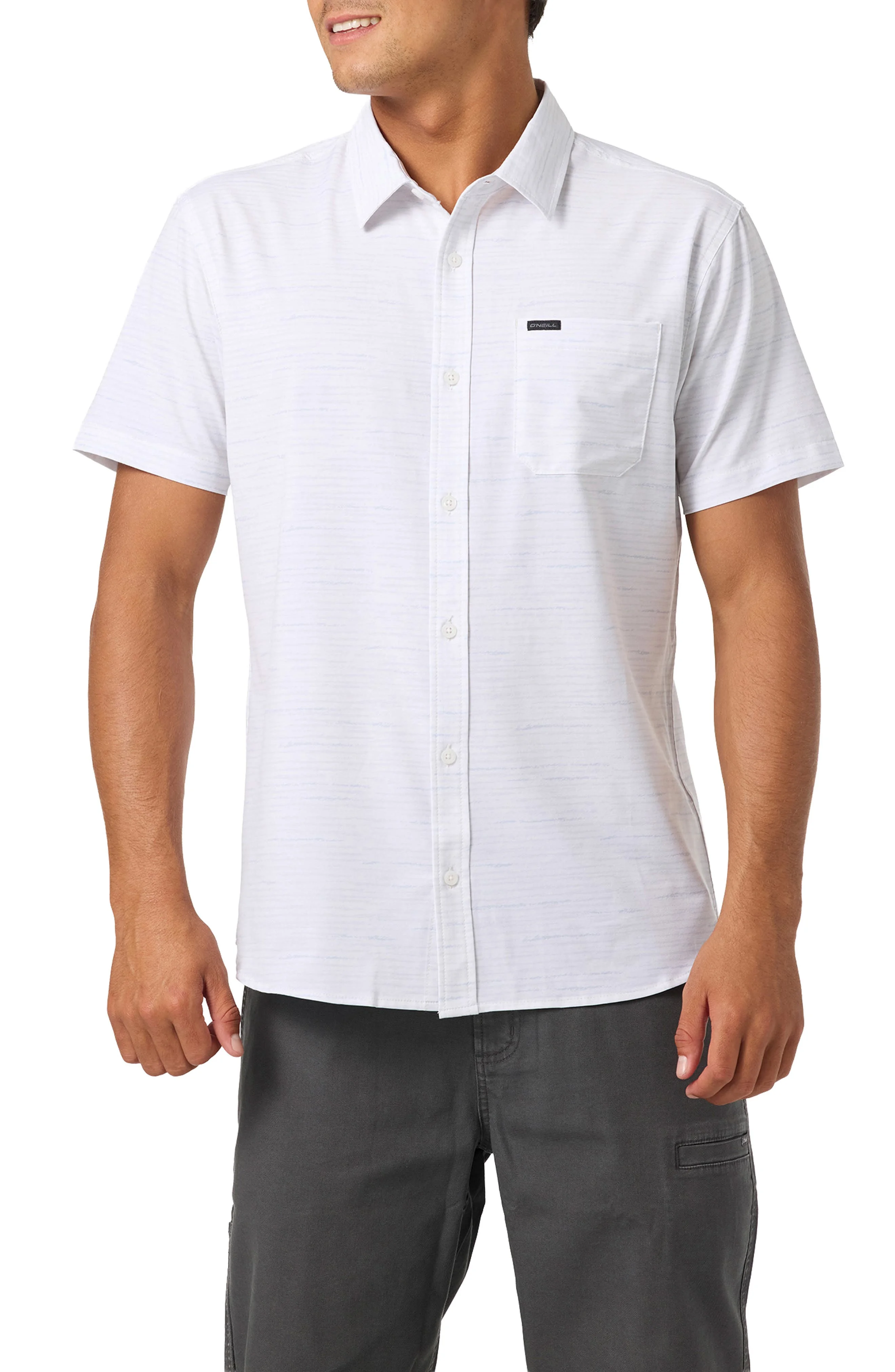 O'Neill Standard Fit TRVLR Traverse Stripe Short Sleeve Performance Button-Up Shirt in Tofu at Nords - 1