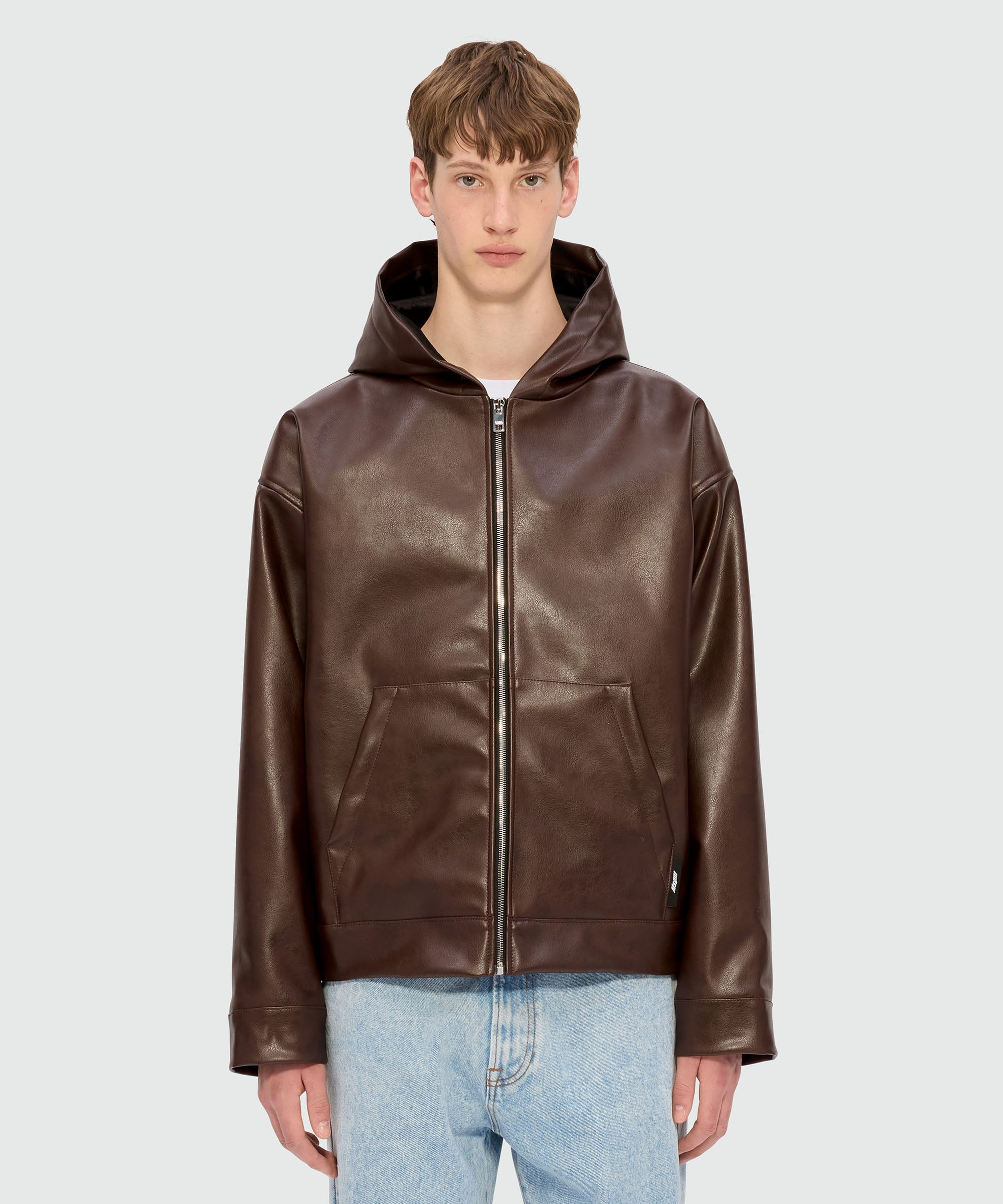 Brown textured faux leather hooded jacket - 2