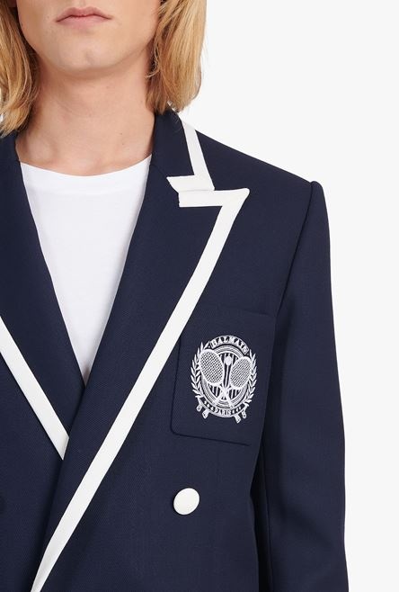 Navy blue wool blazer with embroidered Balmain logo and double-breasted white buttoned fastening - 8