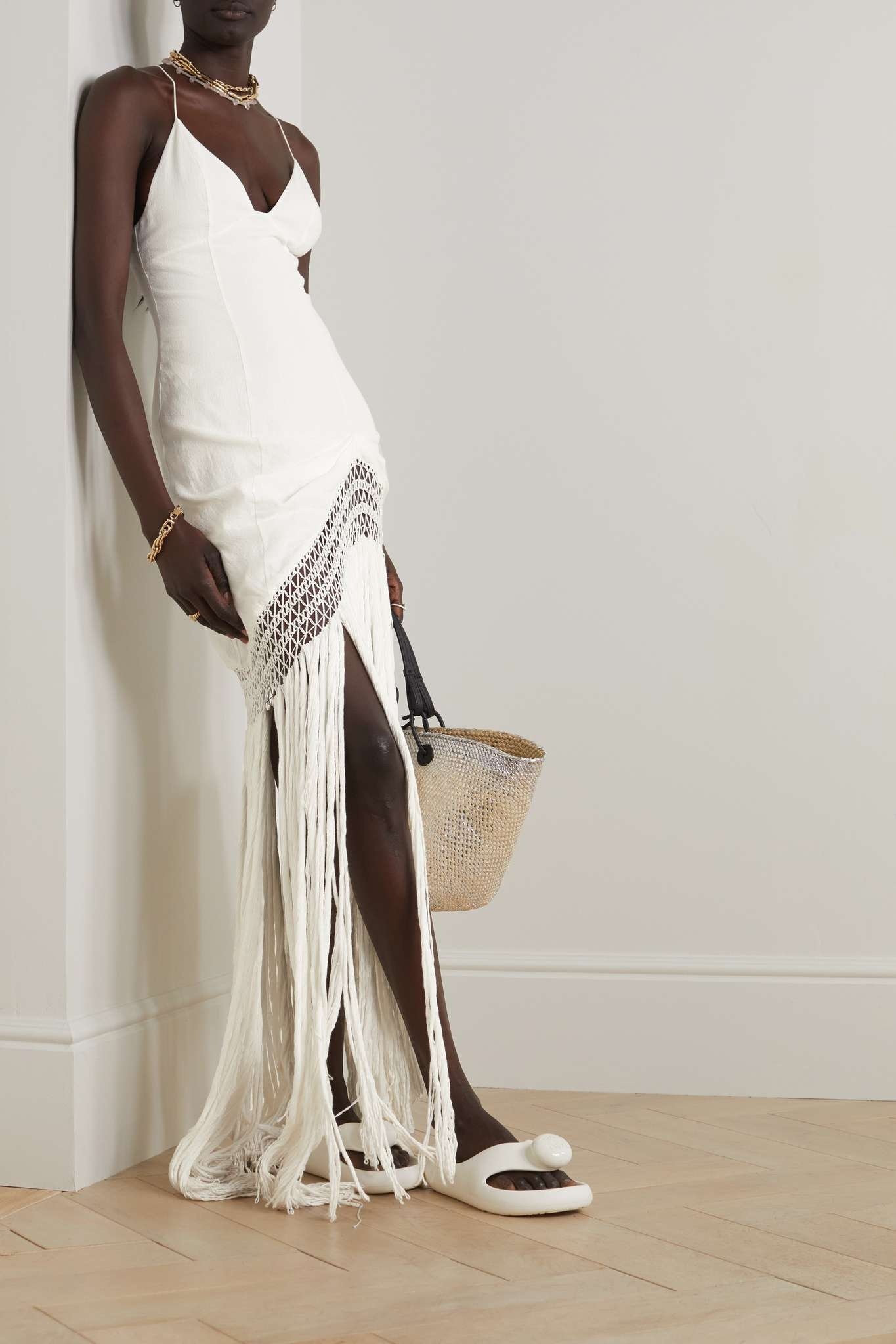 Loewe + Paula's Ibiza asymmetric fringed woven maxi dress