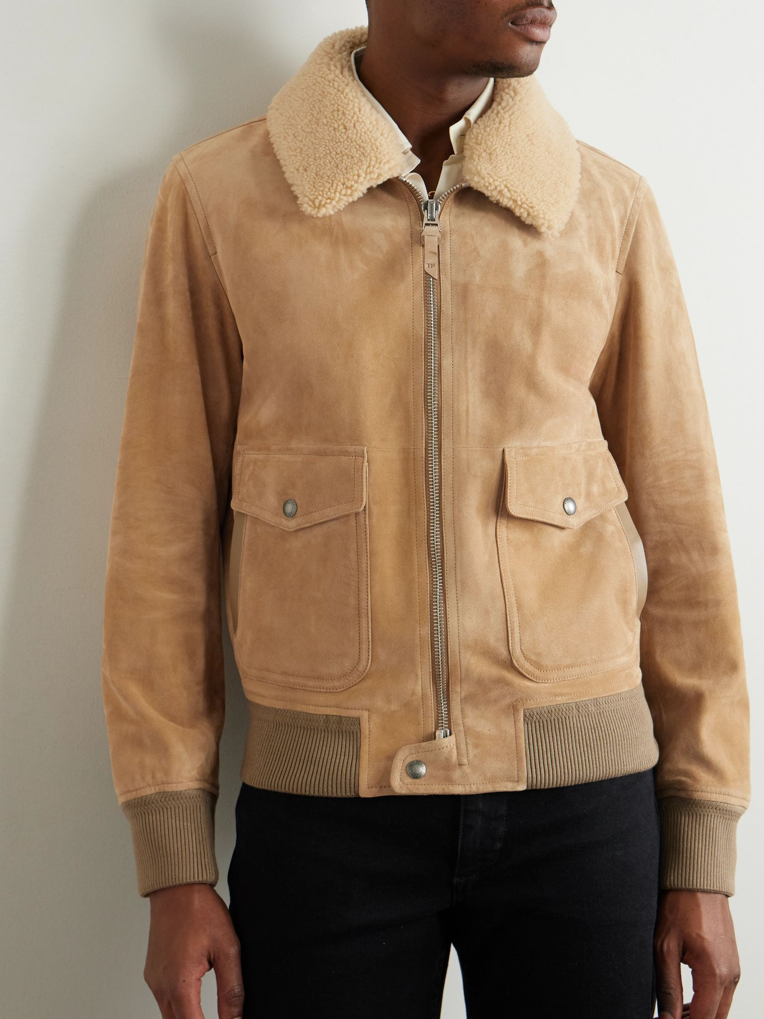 Shearling-Trimmed Suede Bomber Jacket Neutral - 3