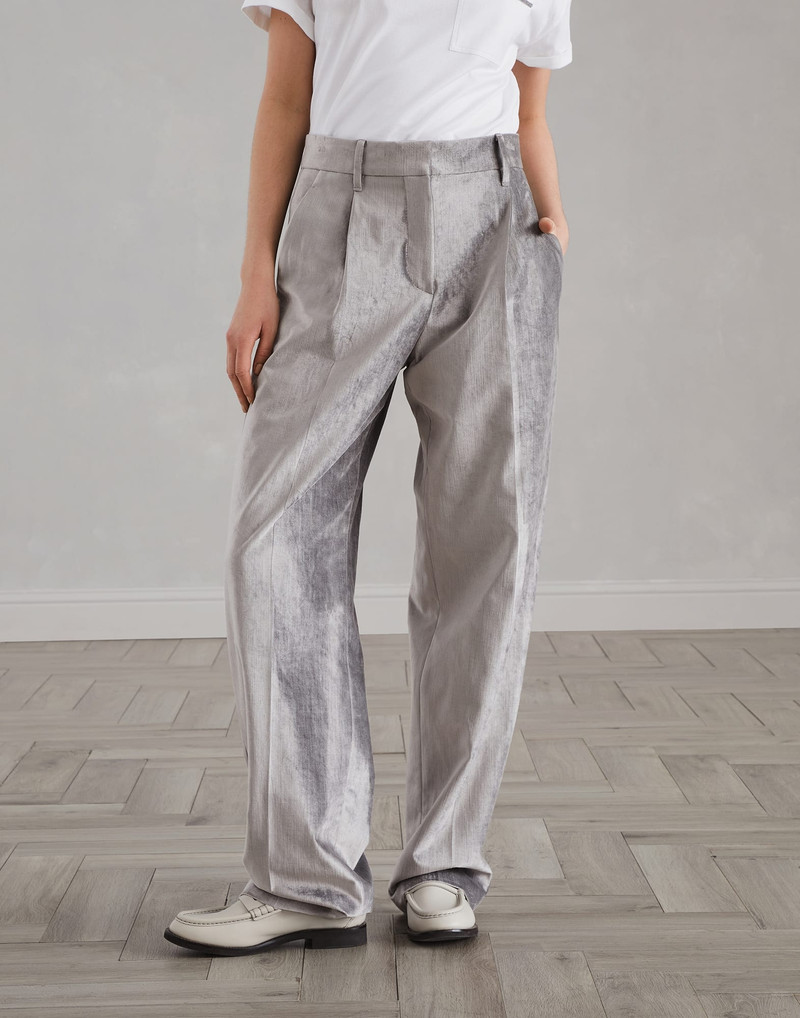 Cotton and viscose sleek velvet loose straight trousers with monili 1