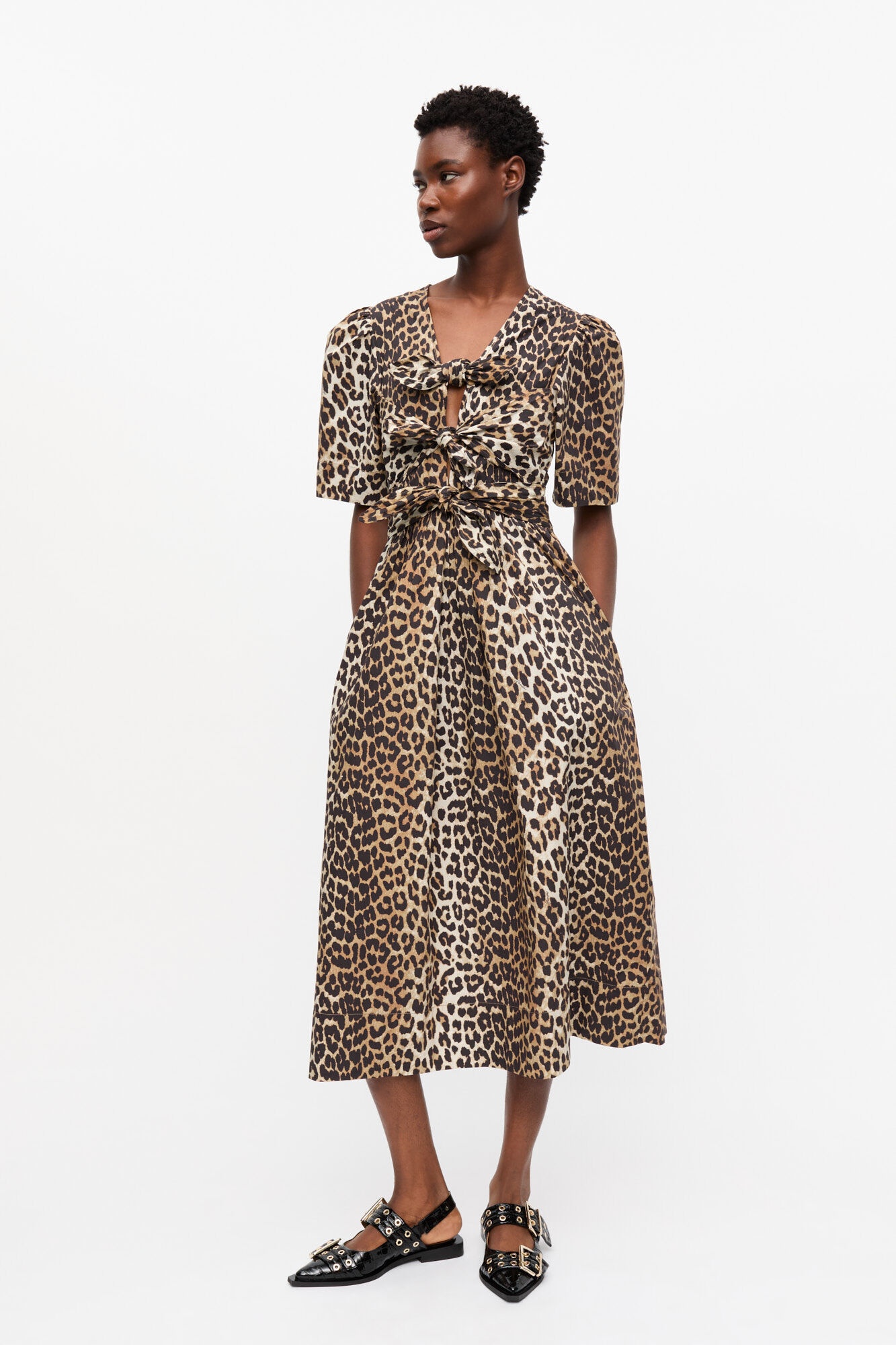 LEOPARD PRINTED COTTON TIE STRAP MIDI DRESS - 2