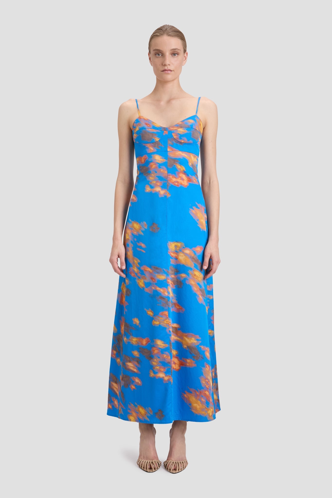 Cami Fit And Flare Midi Dress In Blue Abstract Floral Print - 2